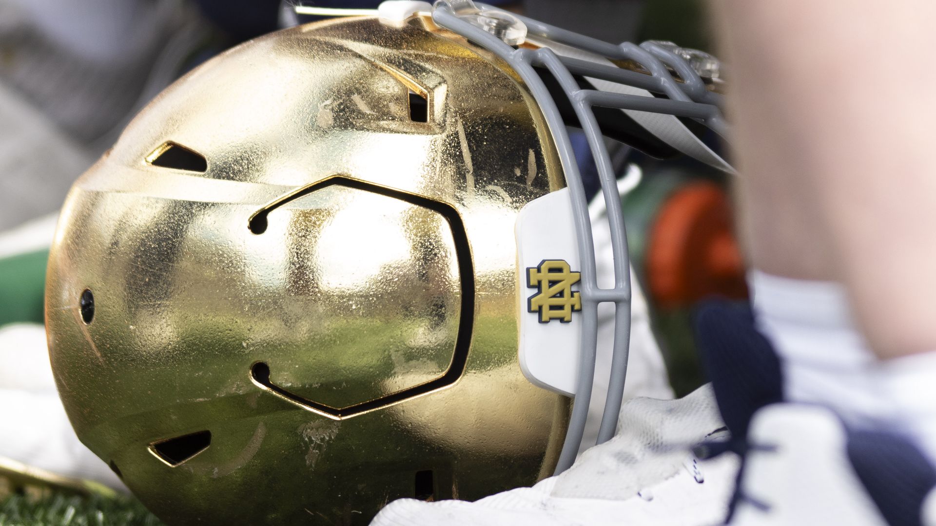 A Notre Dame helmet is pictured during the Notre Dame Spring Game at Notre Dame Stadium on April 20, 2024. 
