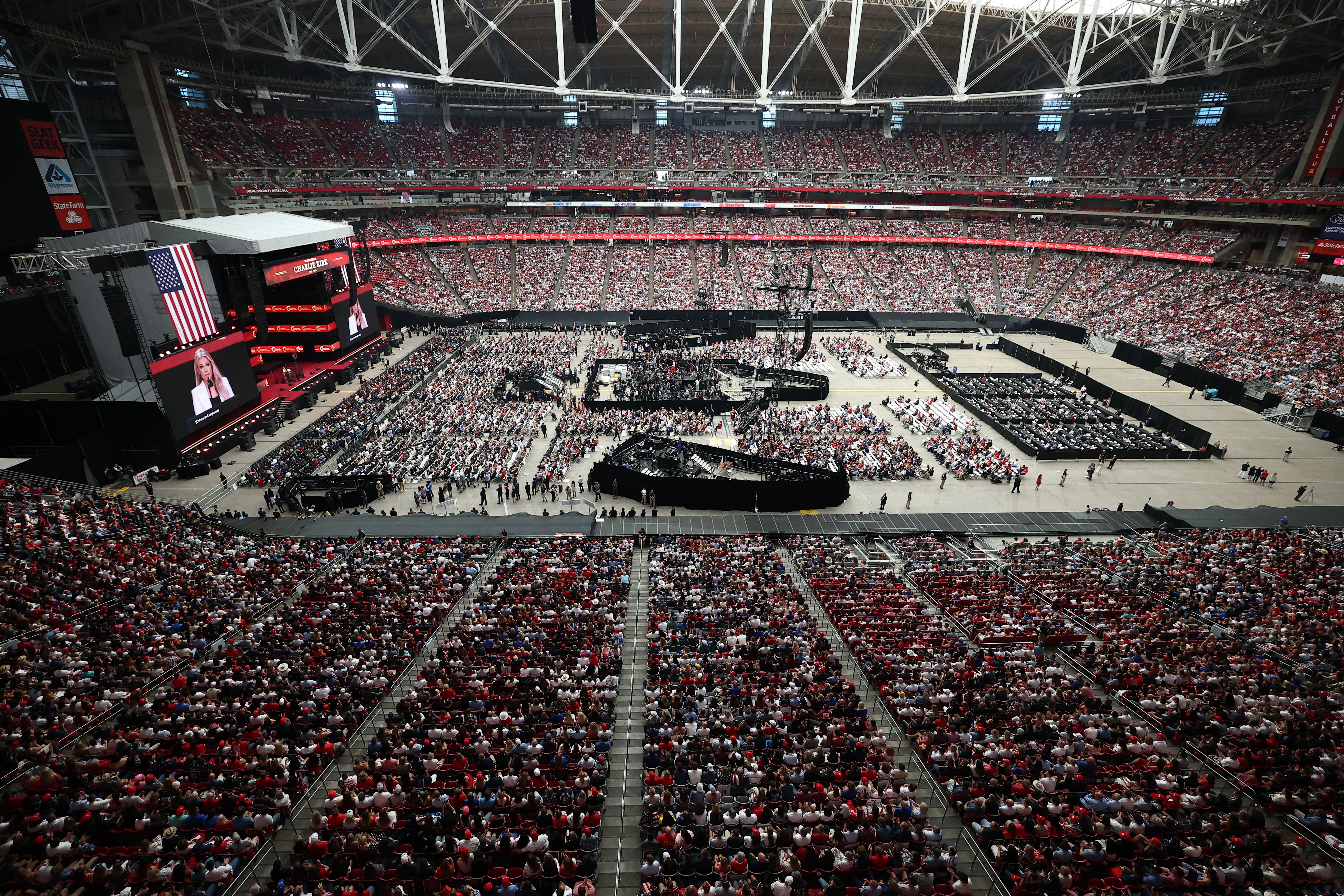 Erika Kirk, Charlie Kirk's widow, speaks at the public memorial service at State Farm Stadium in Glendale, Ariz.