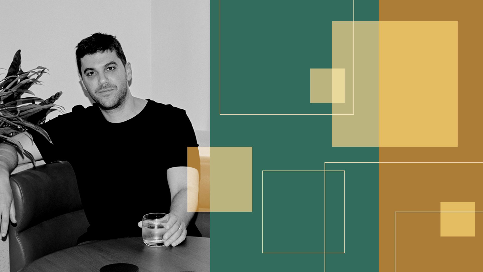 Photo illustration of Bar Winkler surrounded by abstract shapes. 