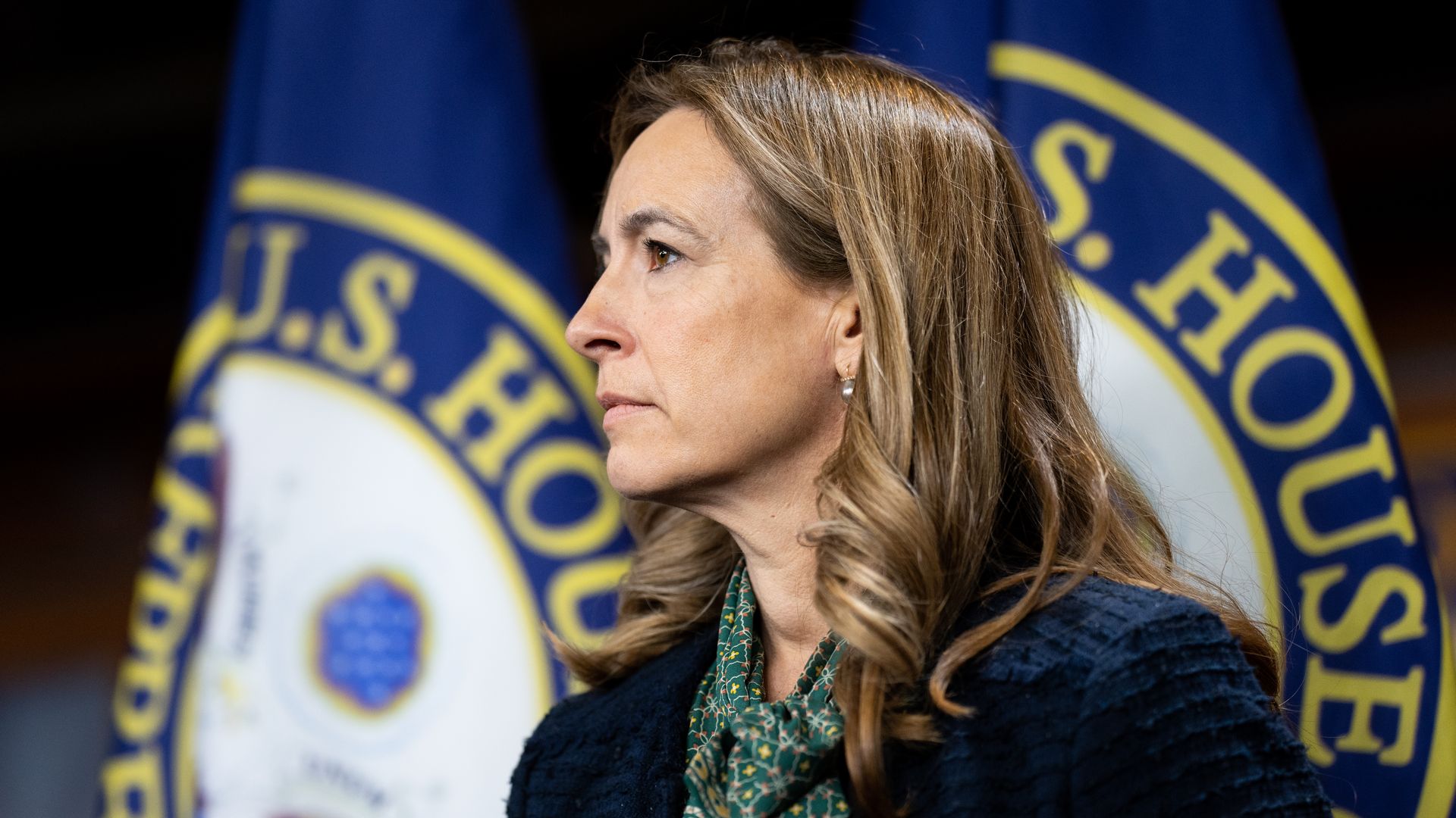 Rep. Mikie Sherrill, wearing a blue blazer and green scarf, standing in front of blue House of Representatives flags.