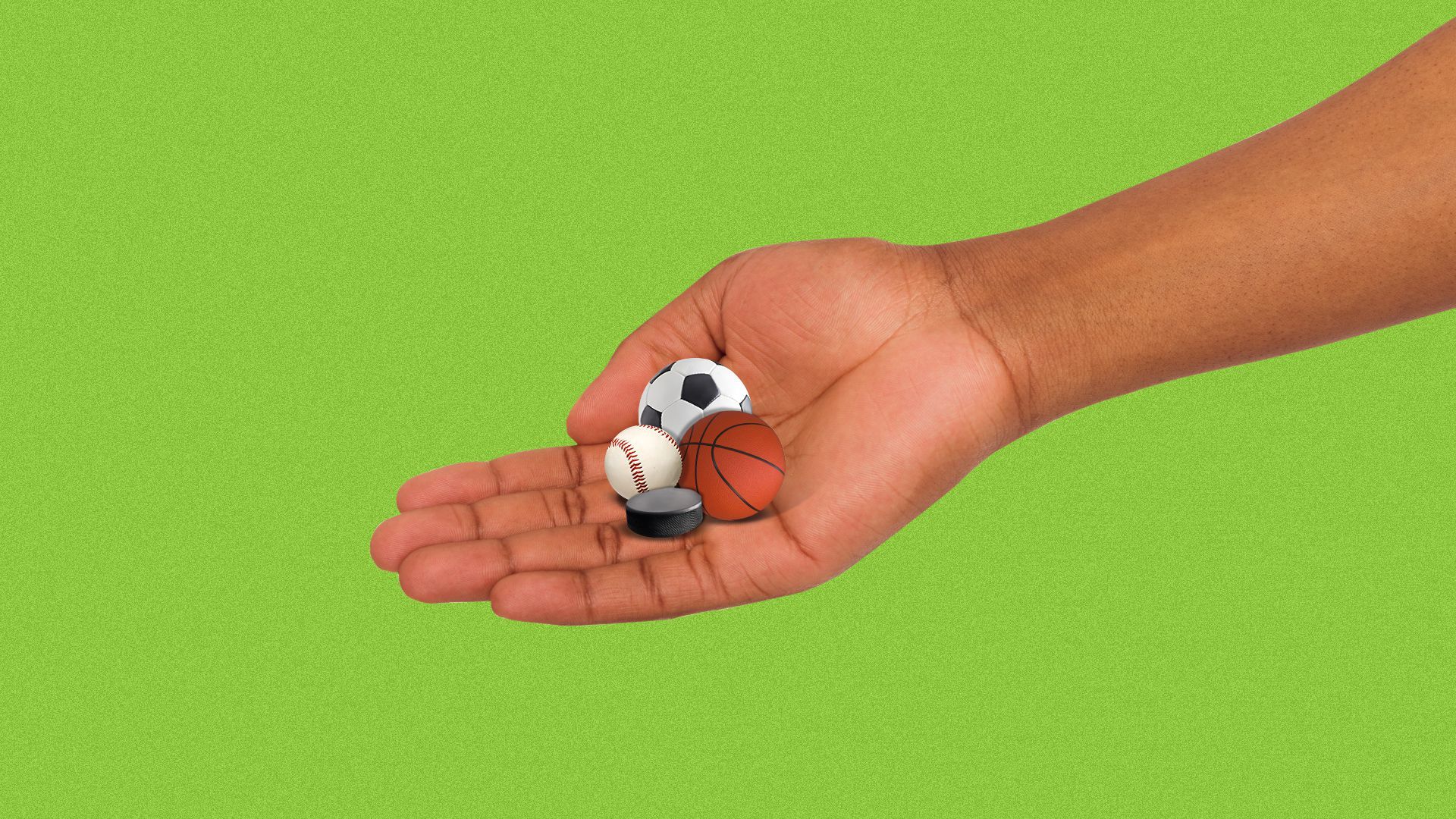 Illustration of a hand holding a small soccer ball, baseball, basketball and hockey puck.