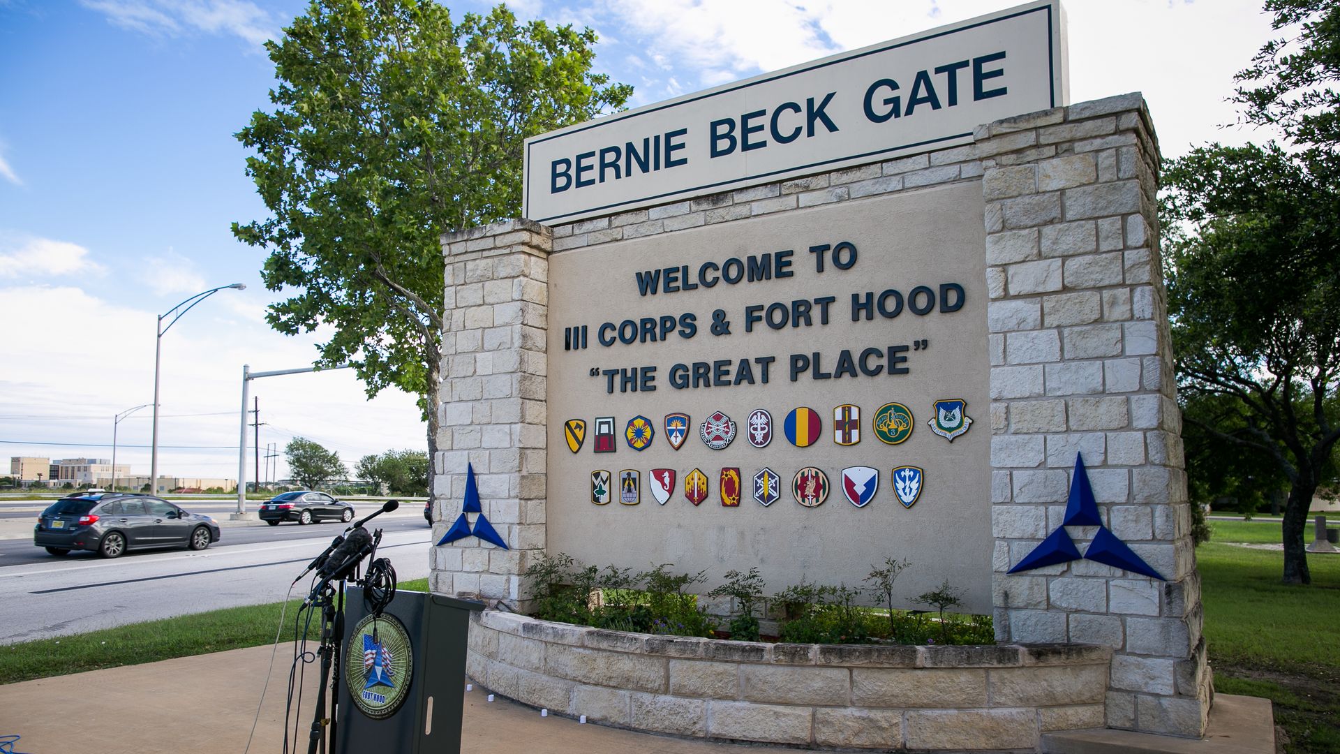 Media outlets gather outside the Bernie Beck gate at Fort Hood