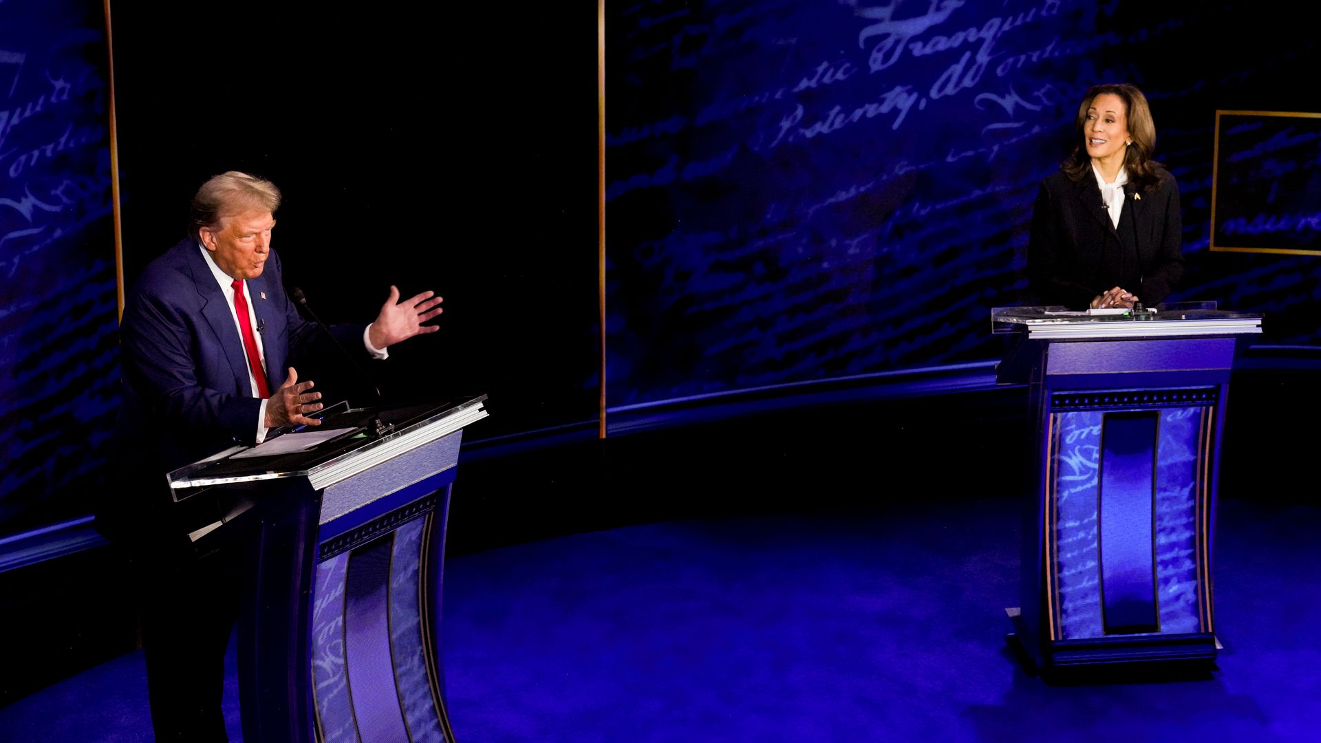US Vice President Kamala Harris, right, and former US President Donald Trump during the second presidential debate at the Pennsylvania Convention Center in Philadelphia, Pennsylvania, US, on Tuesday, Sept. 10, 2024. Democrat Kamala Harris opened her presidential debate with Republican Donald Trump b
