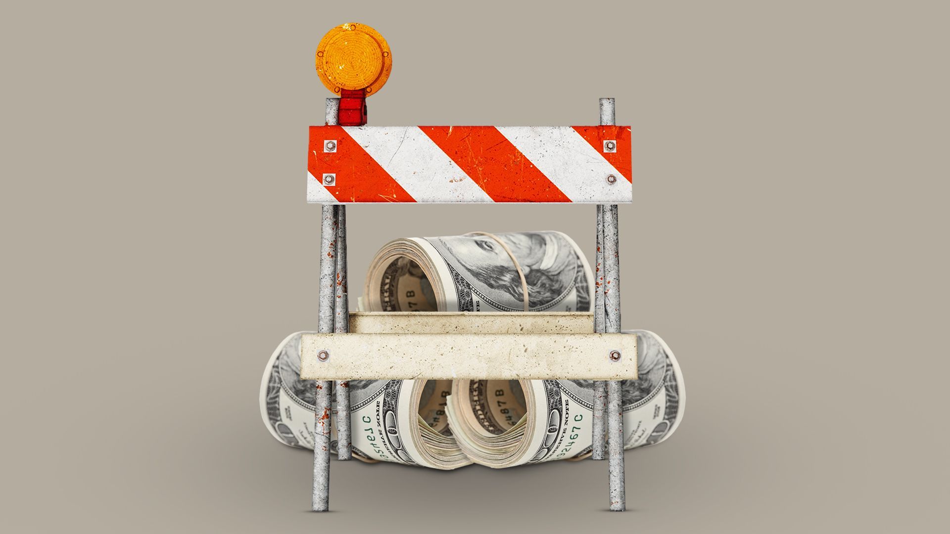 Illustration of rolls of bills behind a road barricade