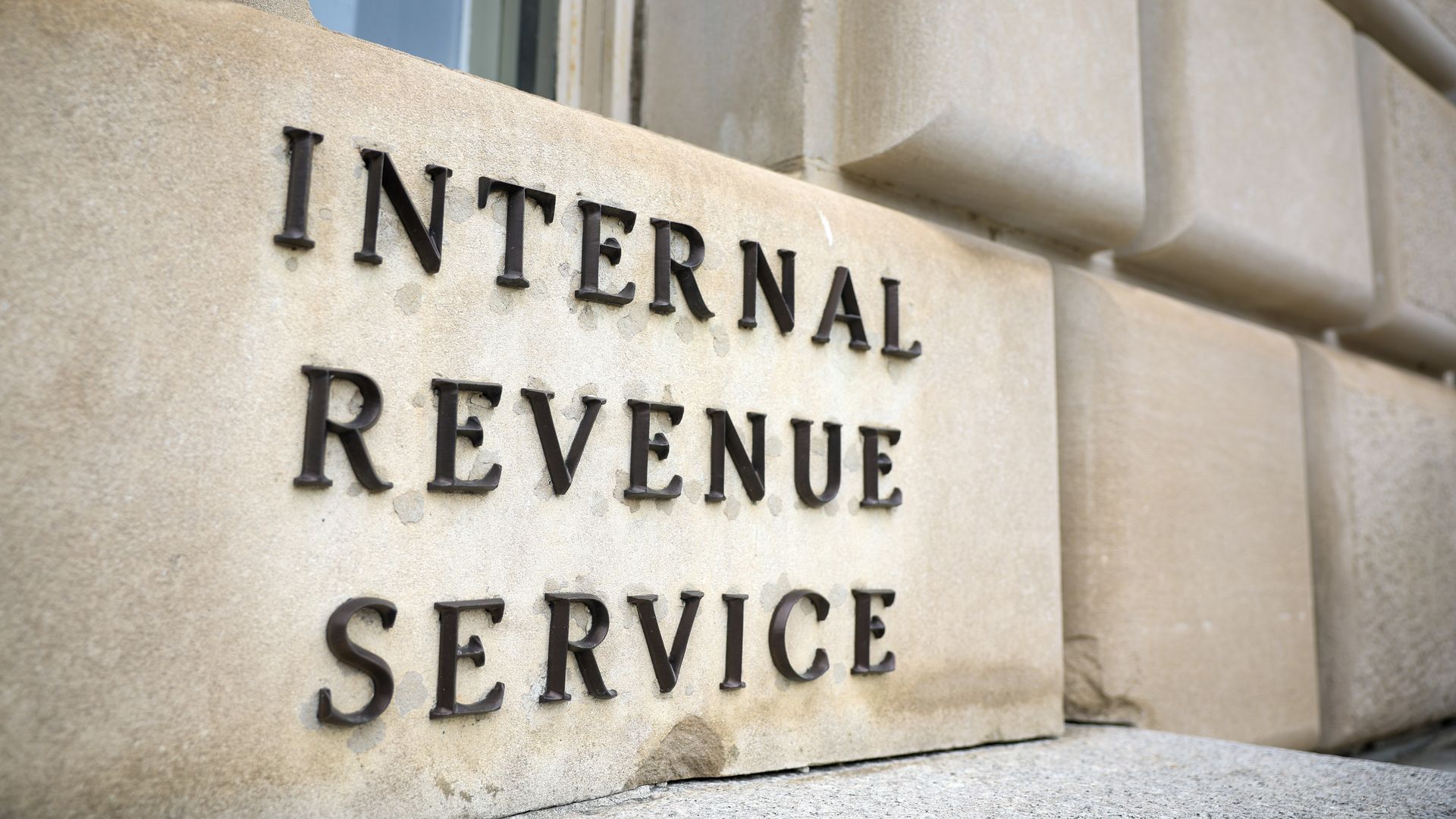 Close-up of Internal Revenue Service building, sign