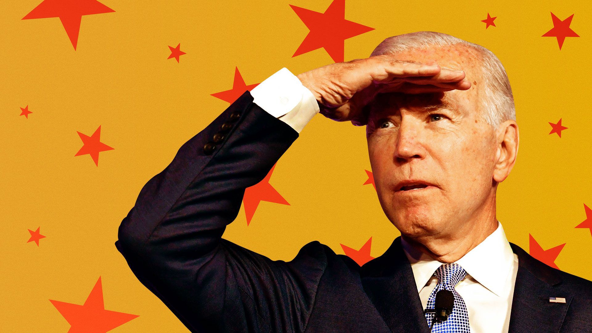 Illustration of Joseph Biden on a background of stars looking on