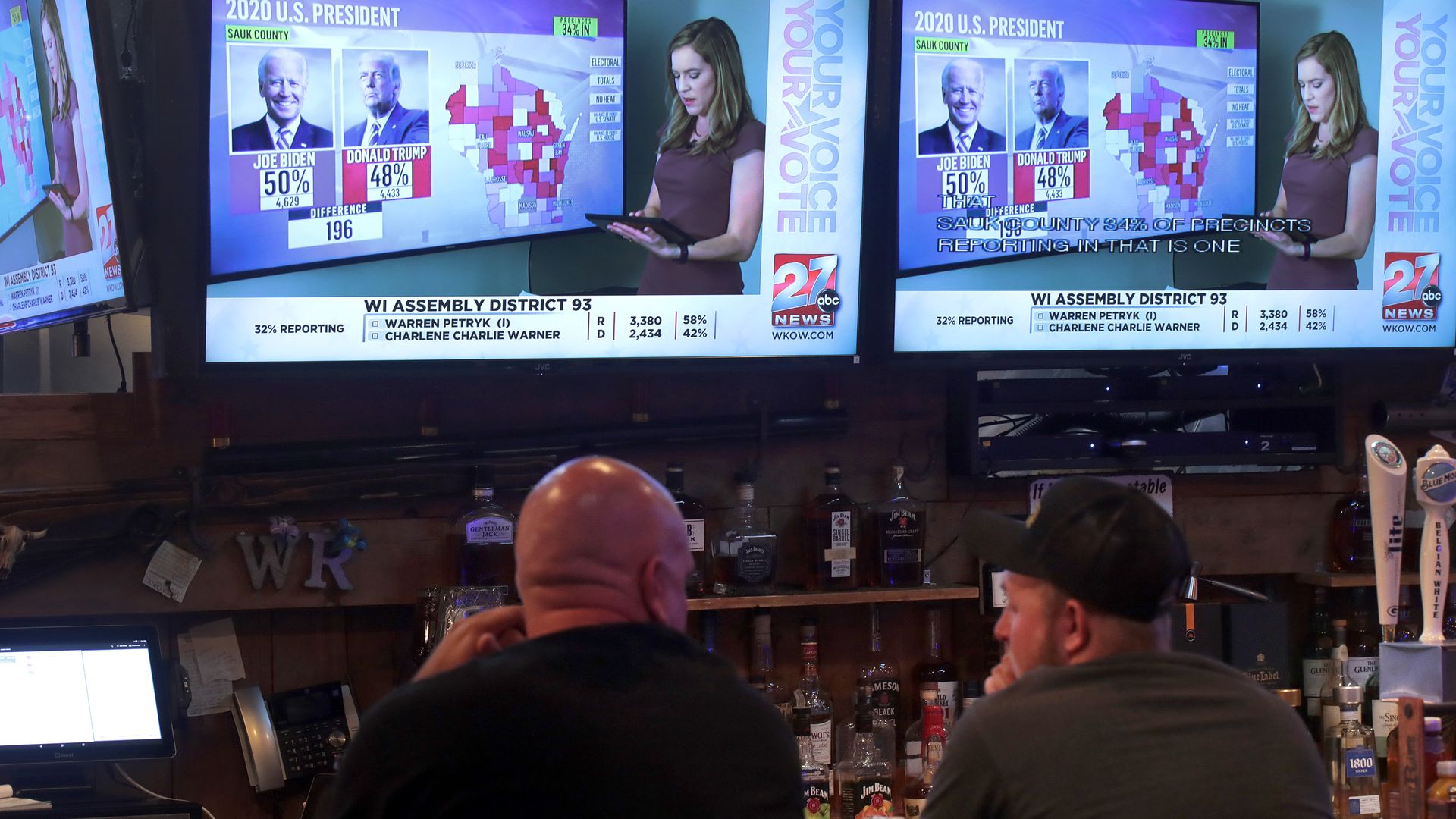 Two men sit at a bar in front of TV screens showing an electoral map of the United States