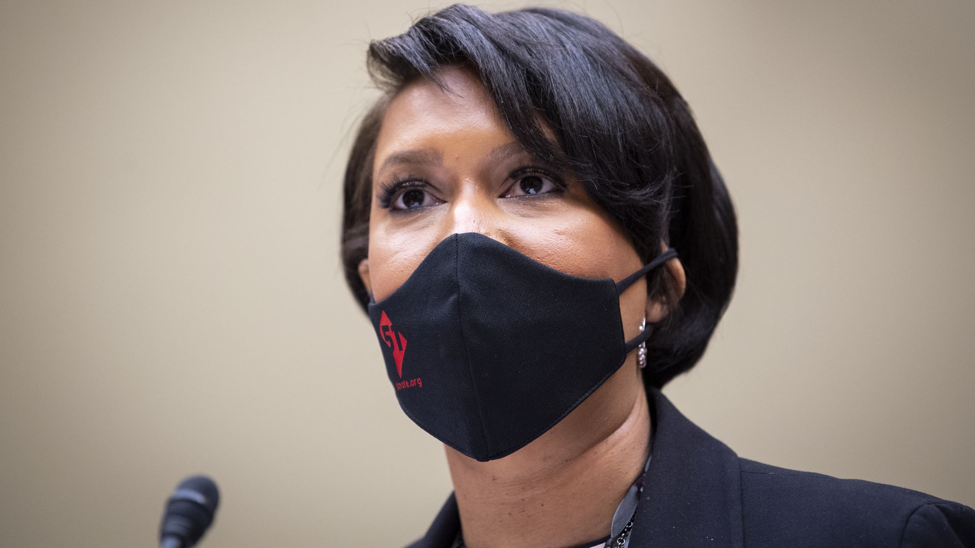 Washington, D.C, Mayor Muriel Bowser wearing a mask while testifying before Congress in March 2021.