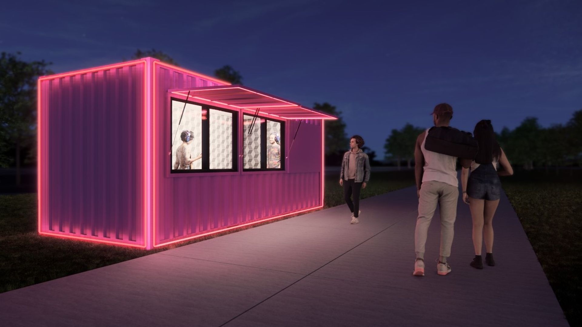 A rendering of people walking along the Beltline past a plum illuminated shipping container with a DJ playing inside at night