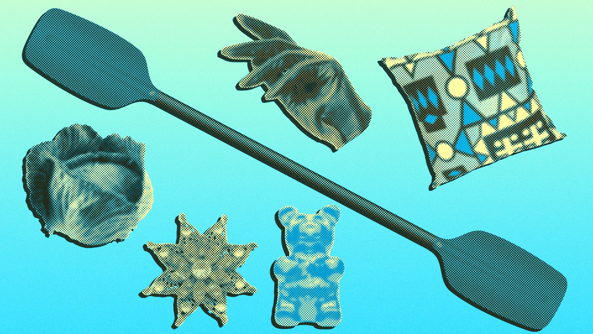 Illustration of various objects including a boat oar, gloves, a pillow, a gummy bear, and a brooch.