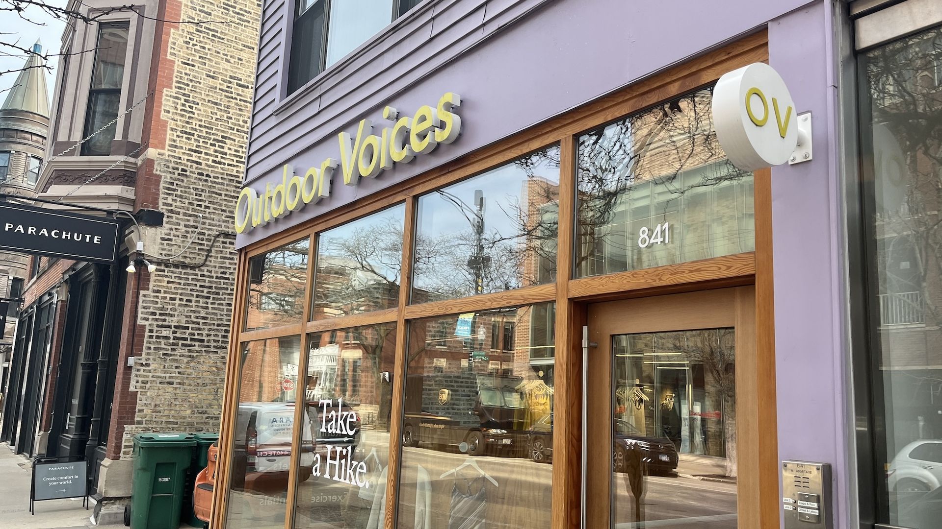 The light pink exterior of the Outdoor Voices store in Chicago.