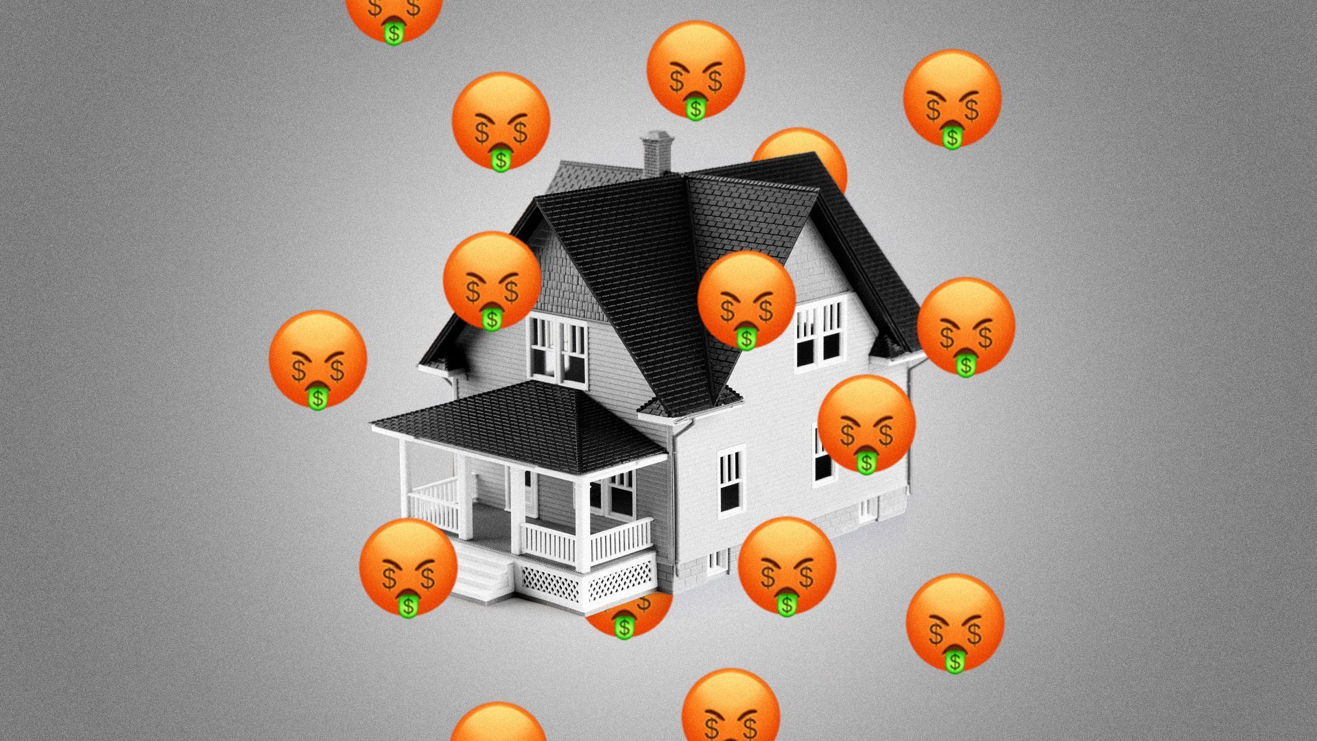 Illustration of a house surrounded by angry emojis with dollar sign eyes and tongue