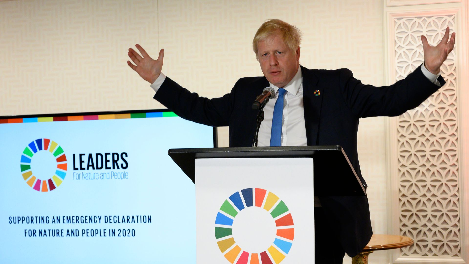 British Prime Minister Boris Johnson speaks at the Leaders for Nature and People event during the Climate Action Summit 2019 in the United Nations General Assembly Hall September 23