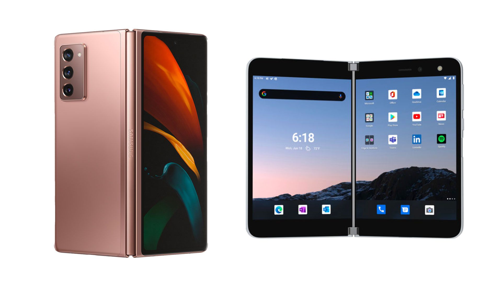 A photo of Samsung's Galaxy Z Fold 2 and Microsoft's Surface Duo
