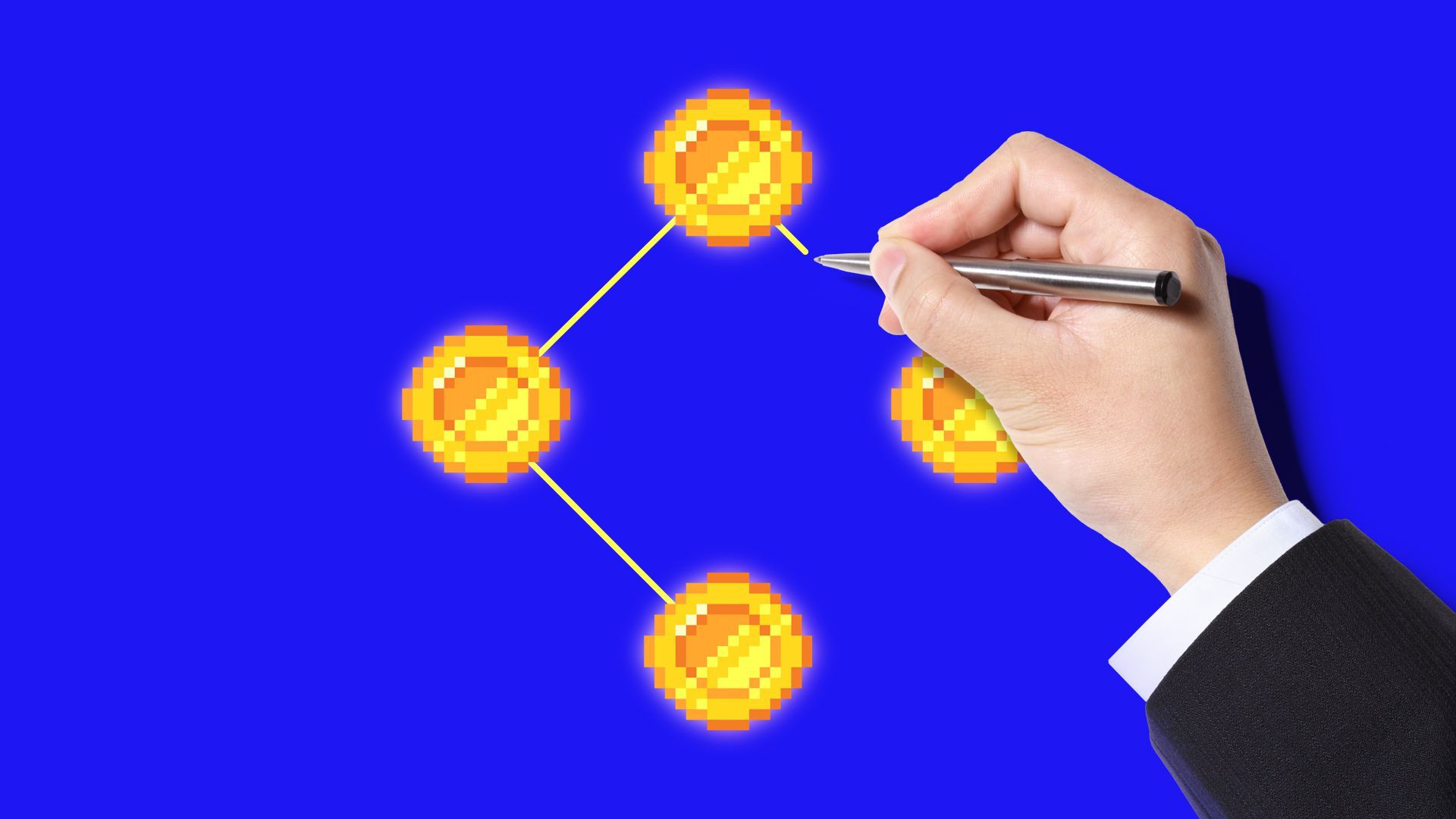 Illustration of a hand with a pen drawing connecting lines between pixelated crypto coins