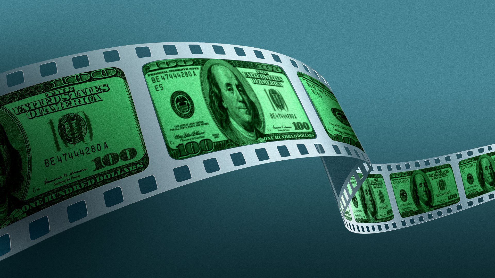 Illustration of a film strip with one hundred dollar bills in each frame