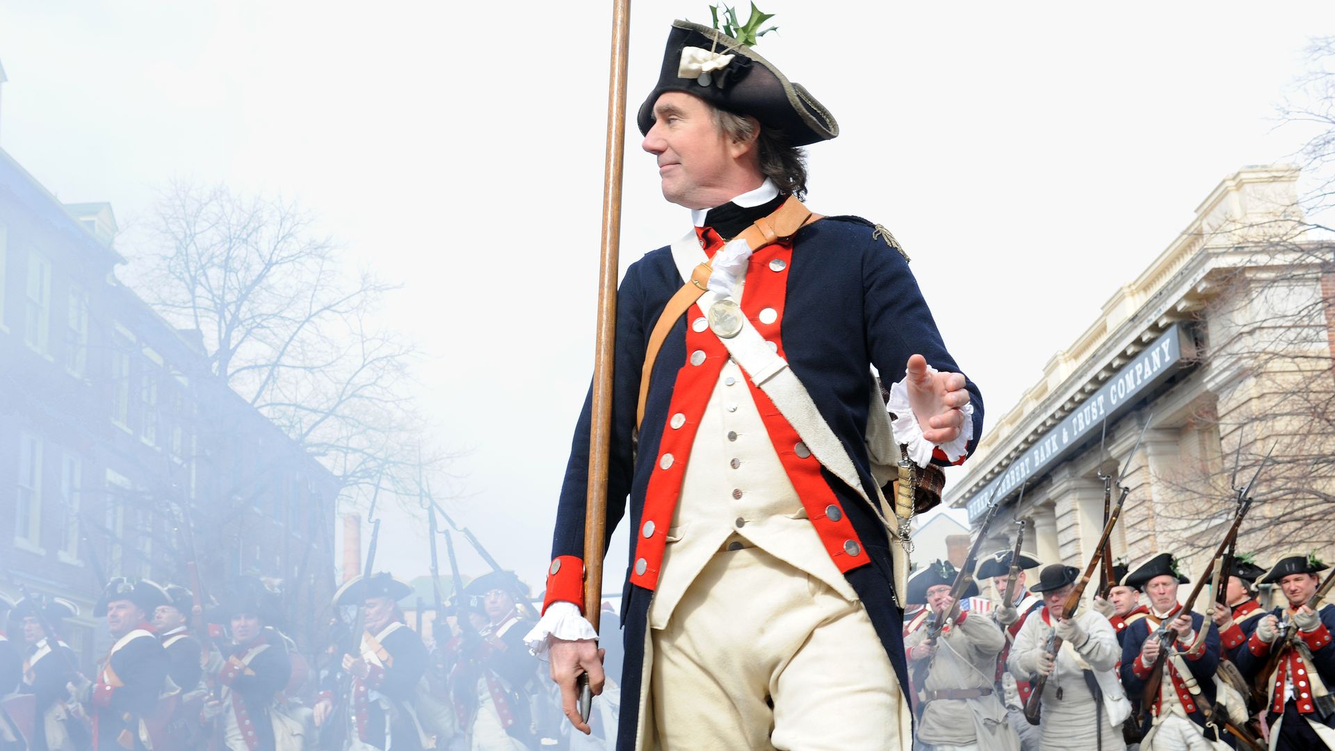 Alexandria, VA. annual George Washington Parade in Alexandria Carl Gnam, a lieutenant with the First Virginia Regiment of the Continental Line, leads the troops after they fired their guns along the parade route during the George Washington Birthday Celebration