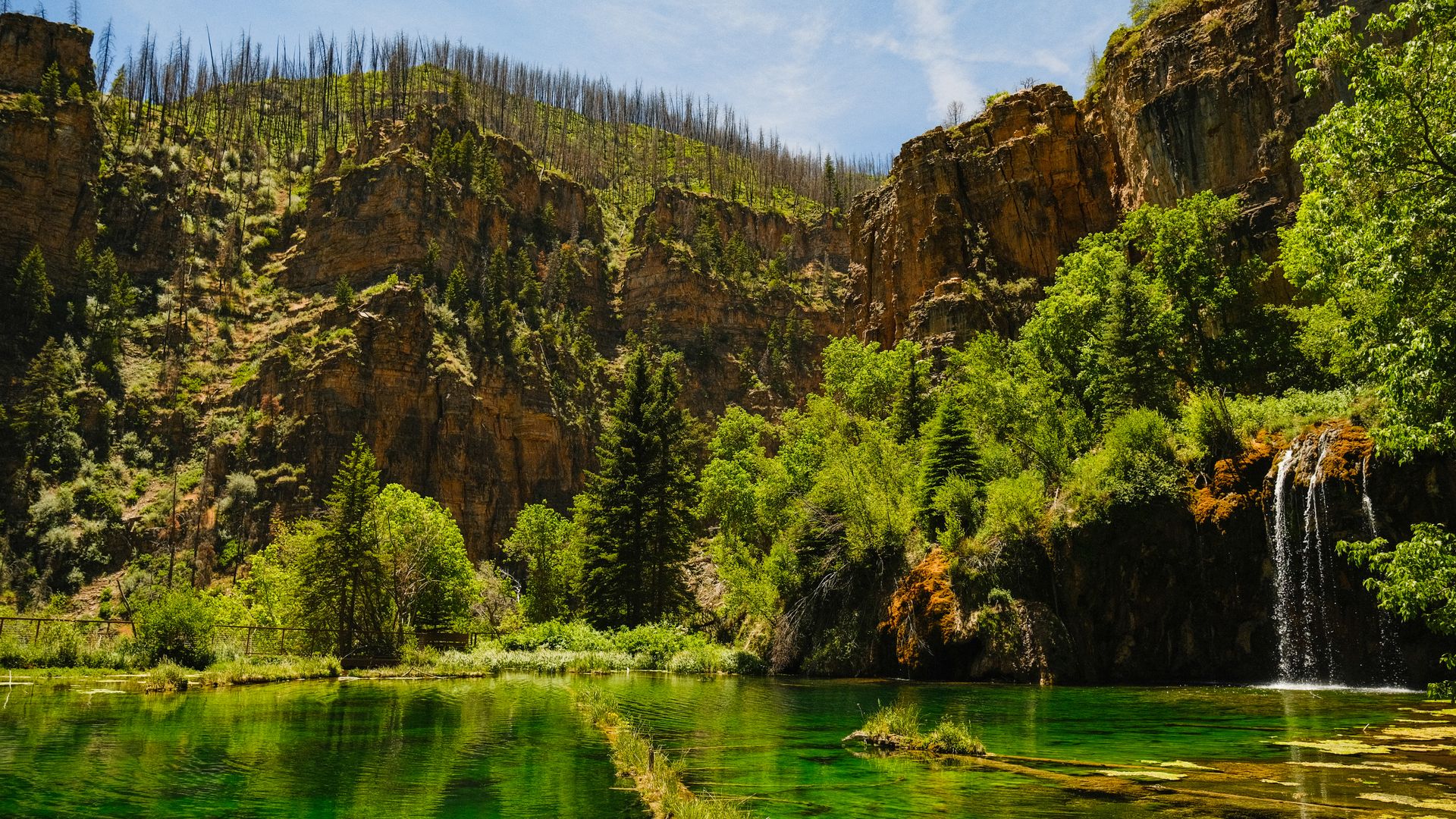 Sunlit canyon with brown cliffs and charred trees on a hillside, green pines below, and a turquoise pool fed by a right-side waterfall under a bright blue sky.