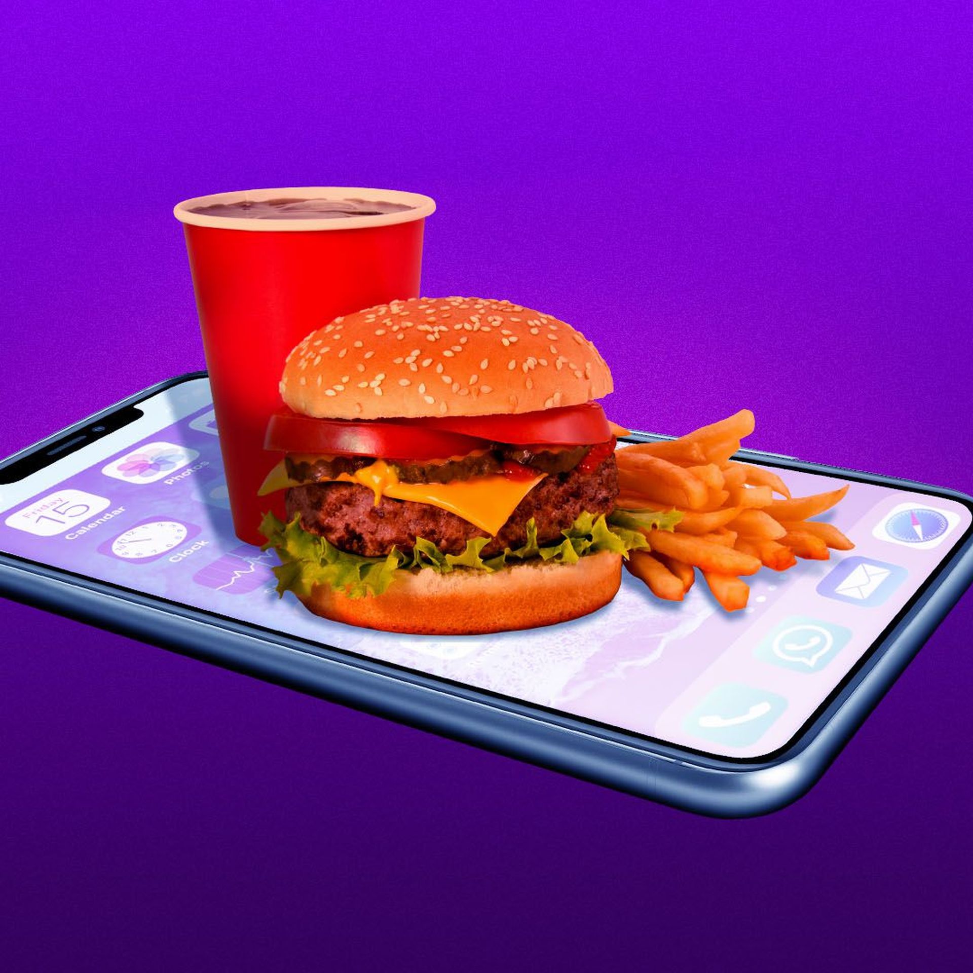Illustration of a burger, drink, and fries, sitting on a cell phone as if it were a tray