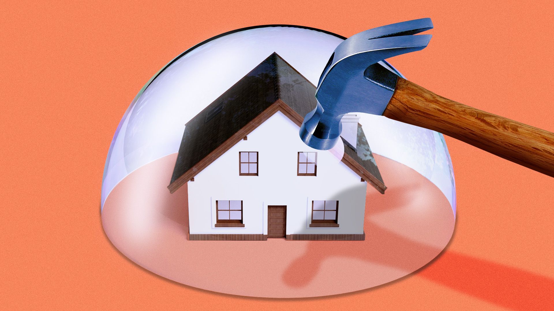 Illustration of a small house under a glass dome with a hammer hovering above