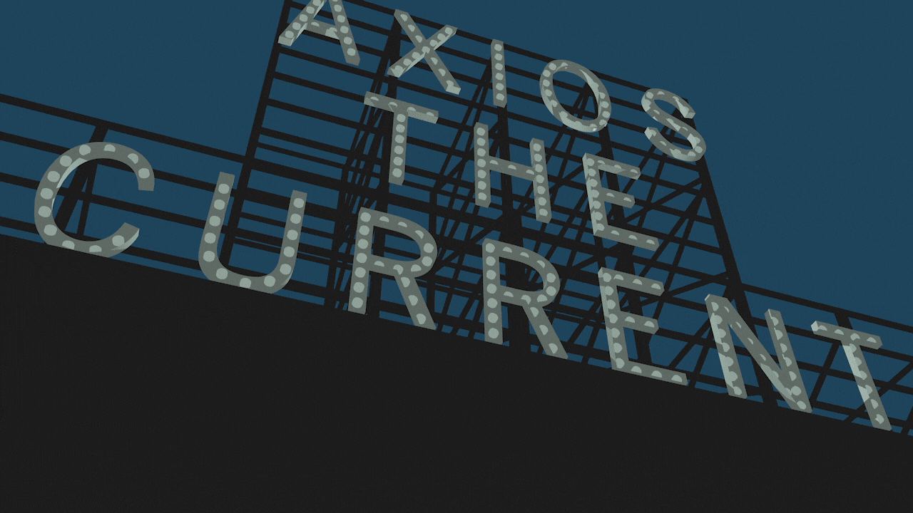 Illustration of a lighted sign resembling the Hotel John Marshall sign in Richmond, but that says Axios The Current instead.