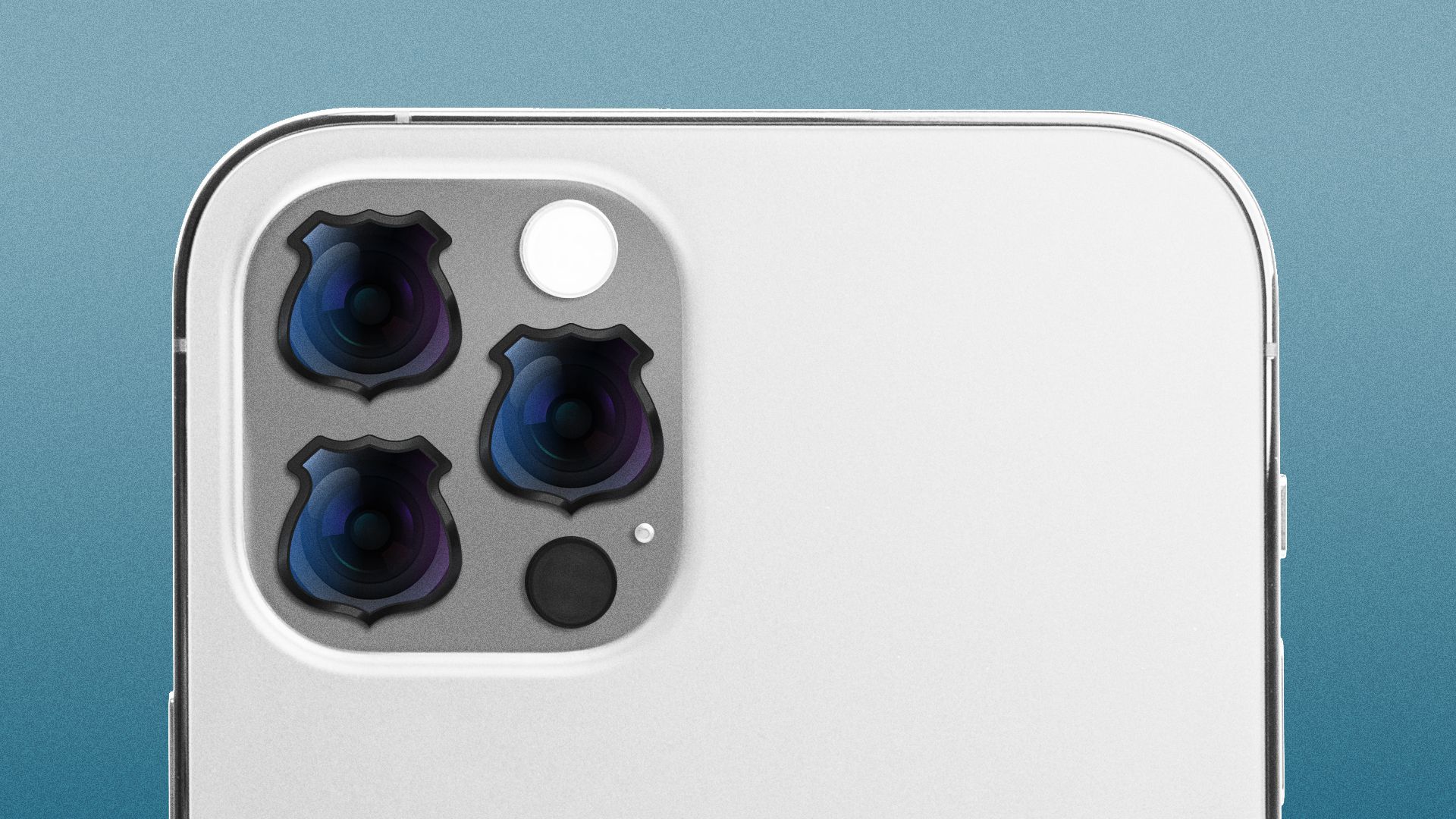 Illustration of an iPhone's camera lenses shaped like police badges. 