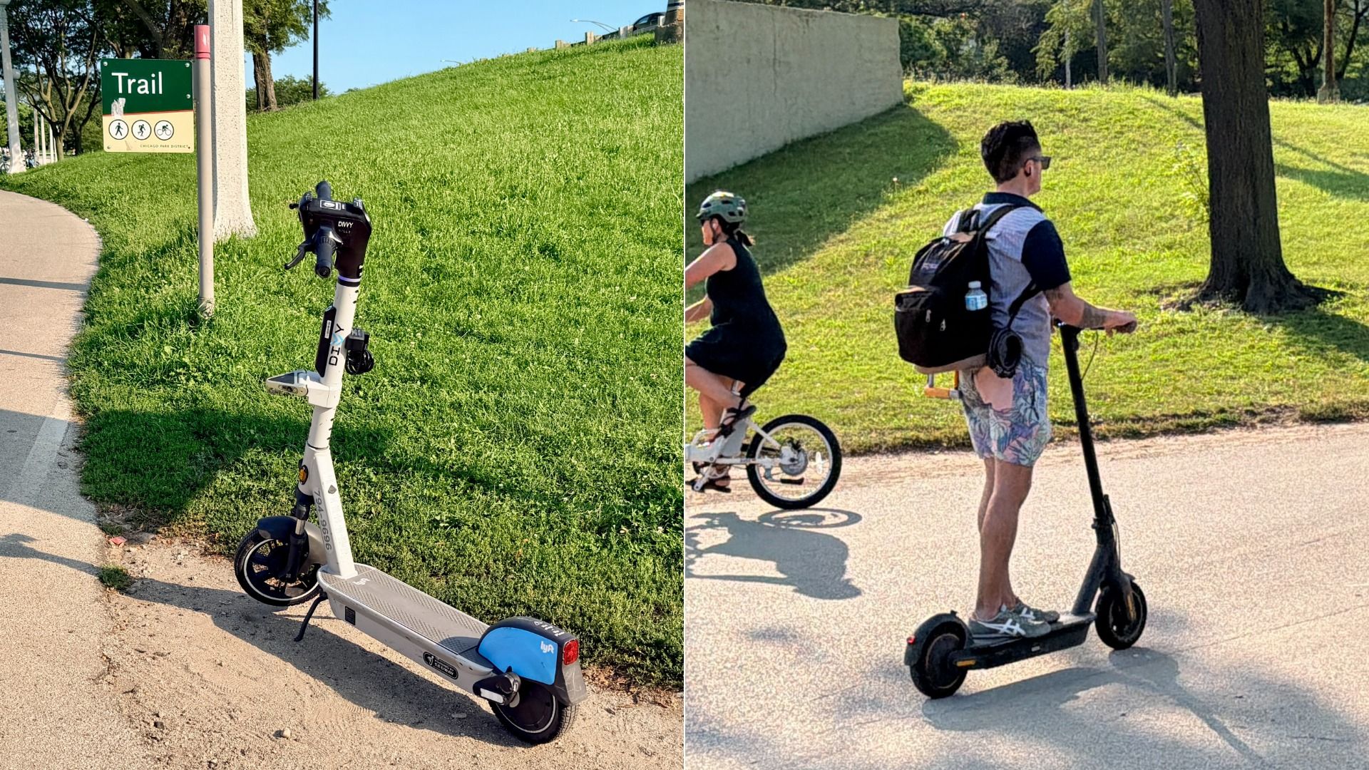 Two-panel park scene: left shows a grassy hill, a green Trail sign, and a parked white electric scooter; right shows a man with a backpack riding a black scooter along a path.