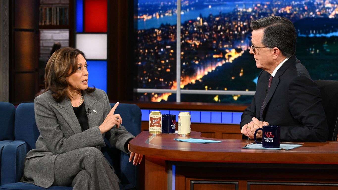 Harris takes aim at "loser" Trump over beers with Colbert