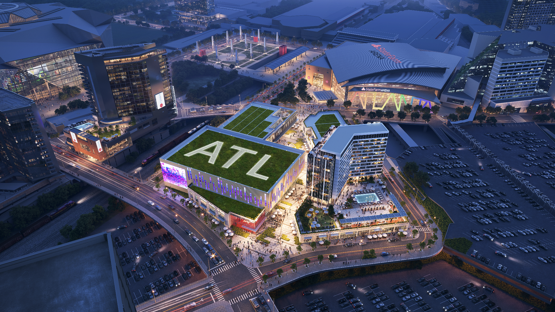 A rendering of a mixed-use development with high-rises and a large building with "ATL" written on the roof