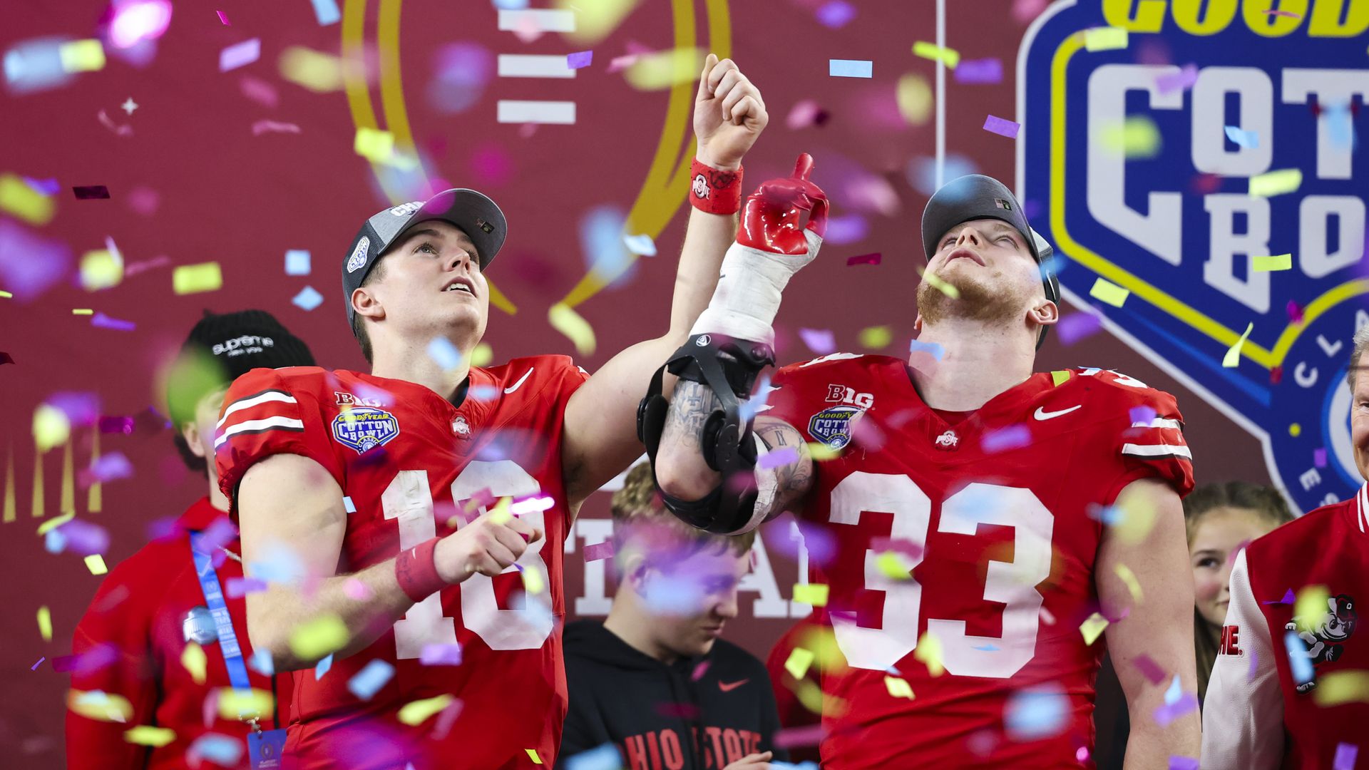 Ohio State's Will Howard and Jack Sawyer celebrate with confetti after their Cotton Bowl win over Texas