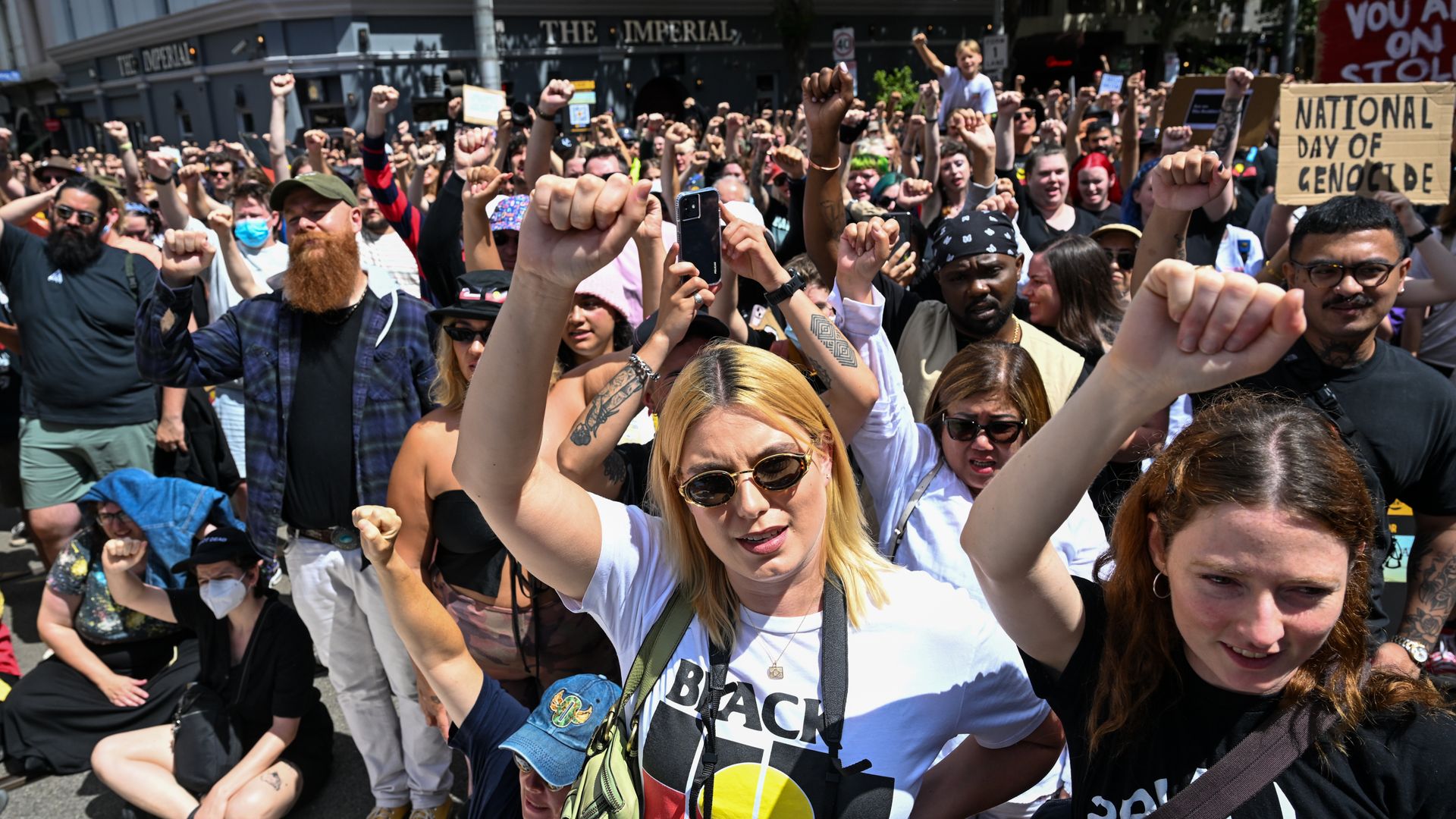 Protesters participate in the Treaty Before Voice Invasion Day Protest outside Parliament House on January 26, 2023 in Melbourne, Australia. 