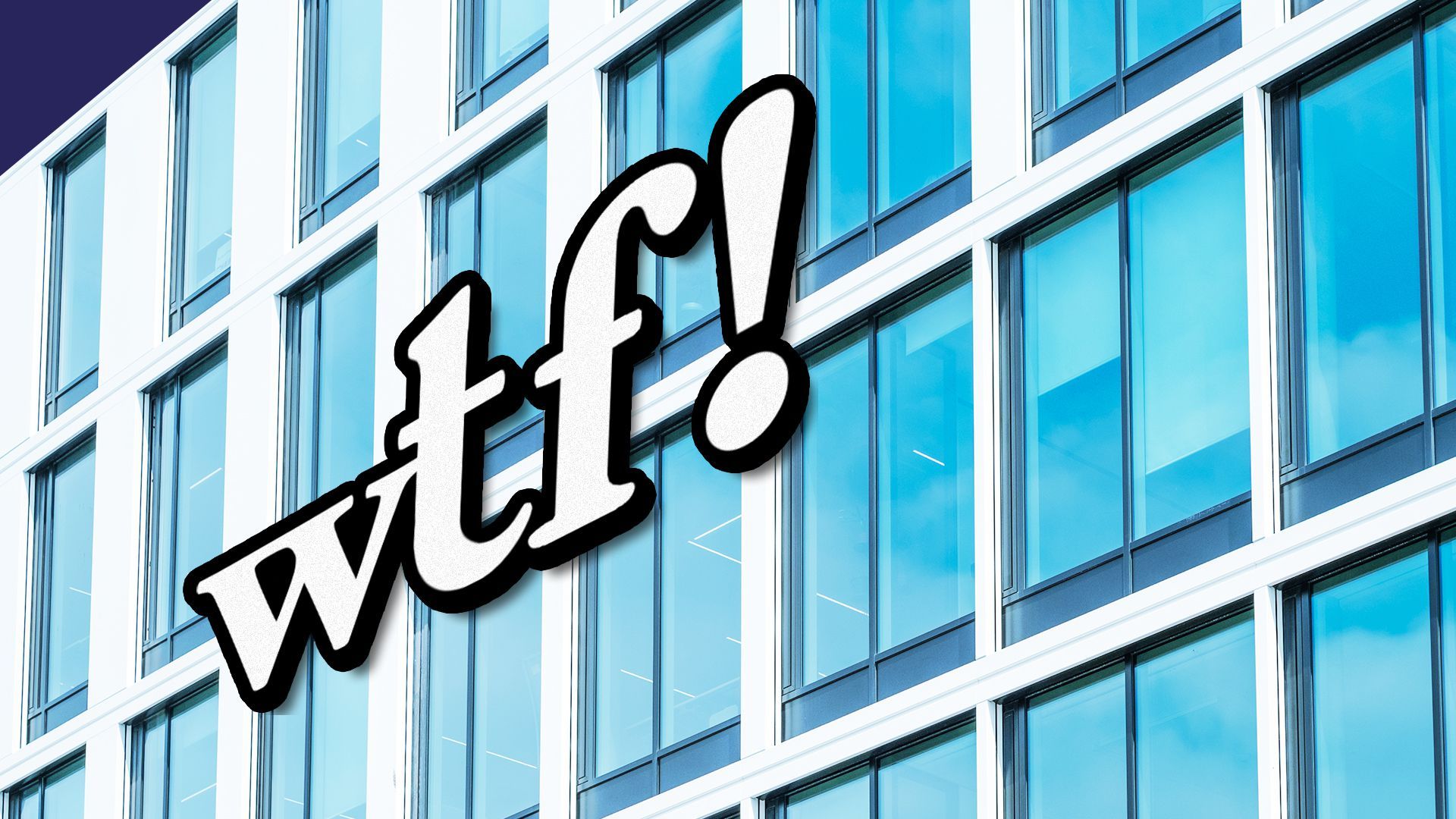 Illustration of an office building exterior with the WeWork logo changed into the letters "WTF!"