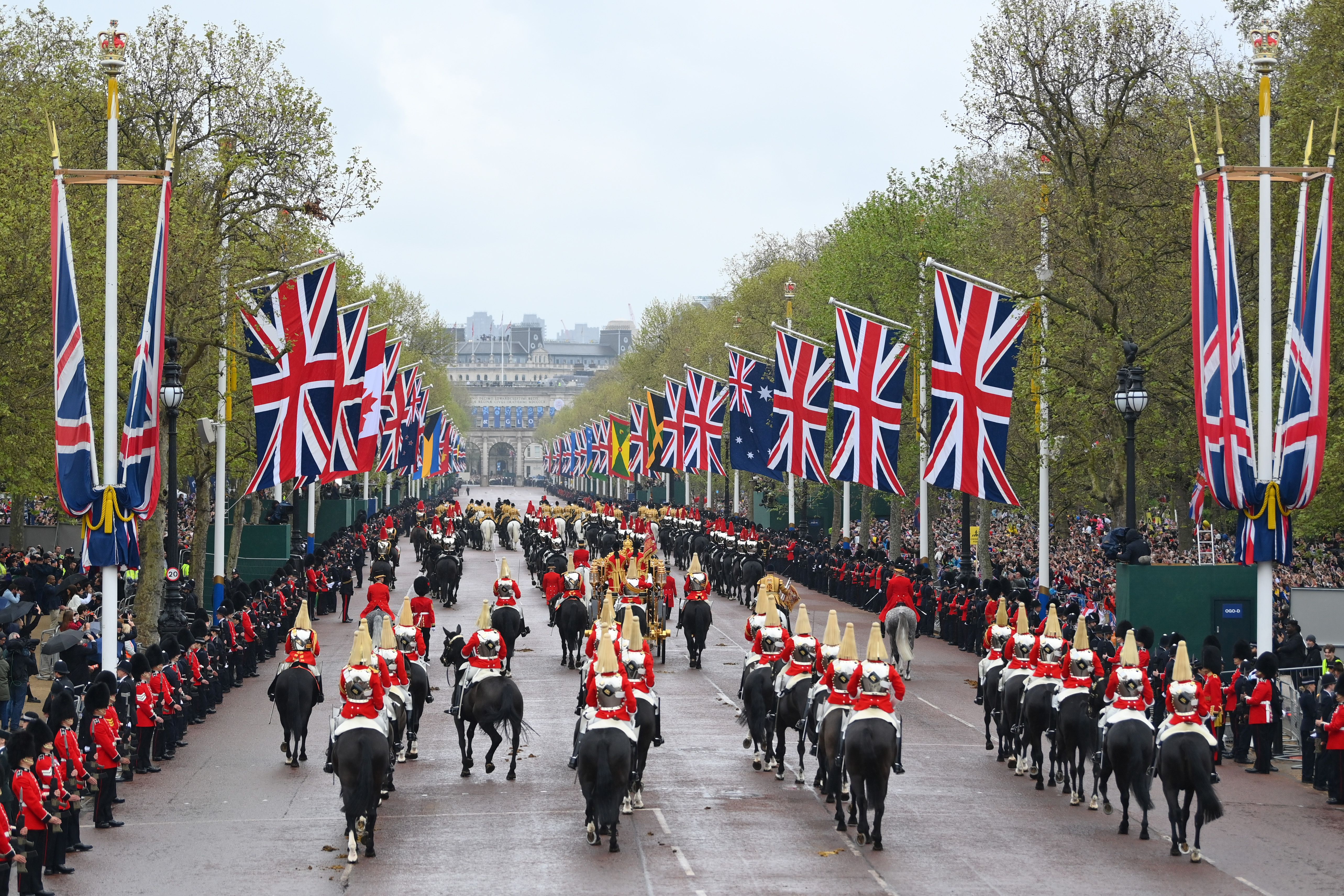 Members of the Household Cavalry, Divisions of Blues and Royals during the Coronation of King Charles III and Queen Camilla on May 06, 2023
