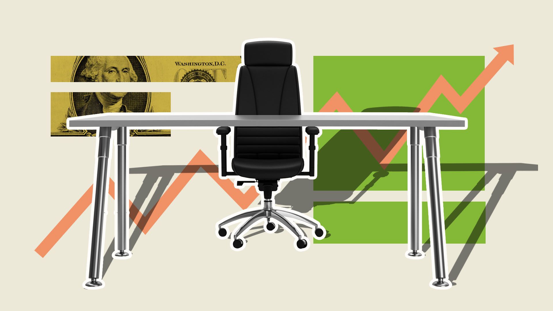 Illustration of a desk with a upward trending line chart behind it