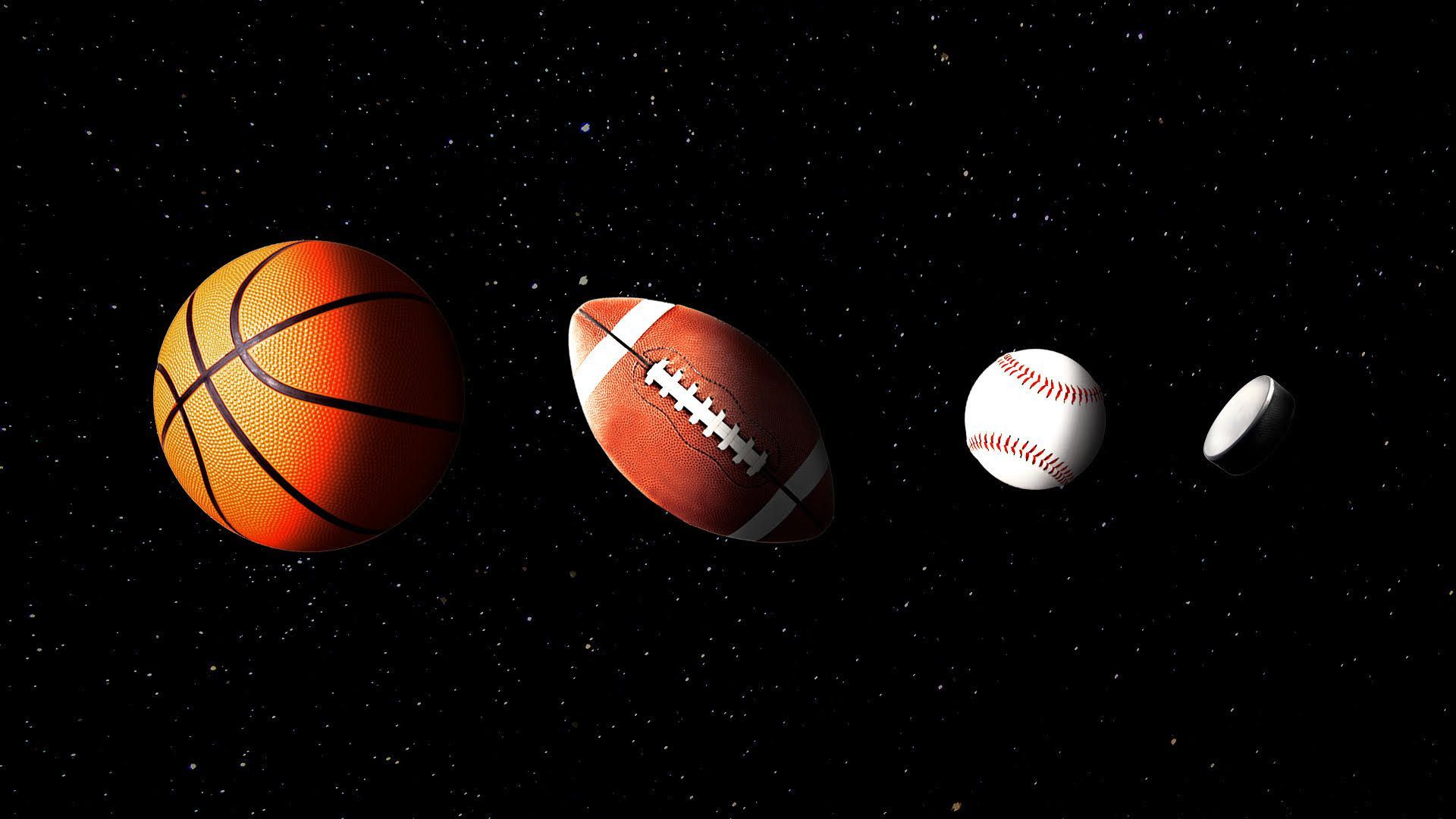 An illustration of a hockey puck, baseball, football and basketball all aligning like planets in space
