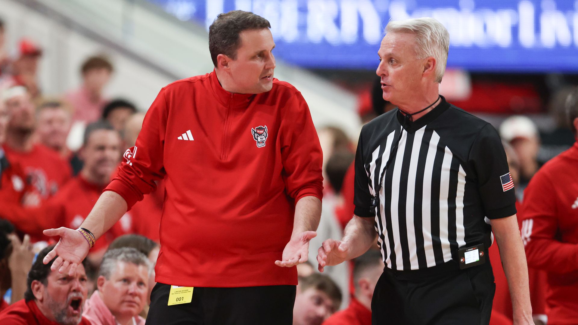 RALEIGH, NC - FEBRUARY 17: Head coach Will Wade of the NC State Wolfpack questions the referee during the college basketball game between the UNC Tar Heels and the NC State Wolfpack on February 17, 2026 at the Lenovo Center in Raleigh, N.C. (Photo by Nicholas Faulkner/Icon Sportswire via Getty Image
