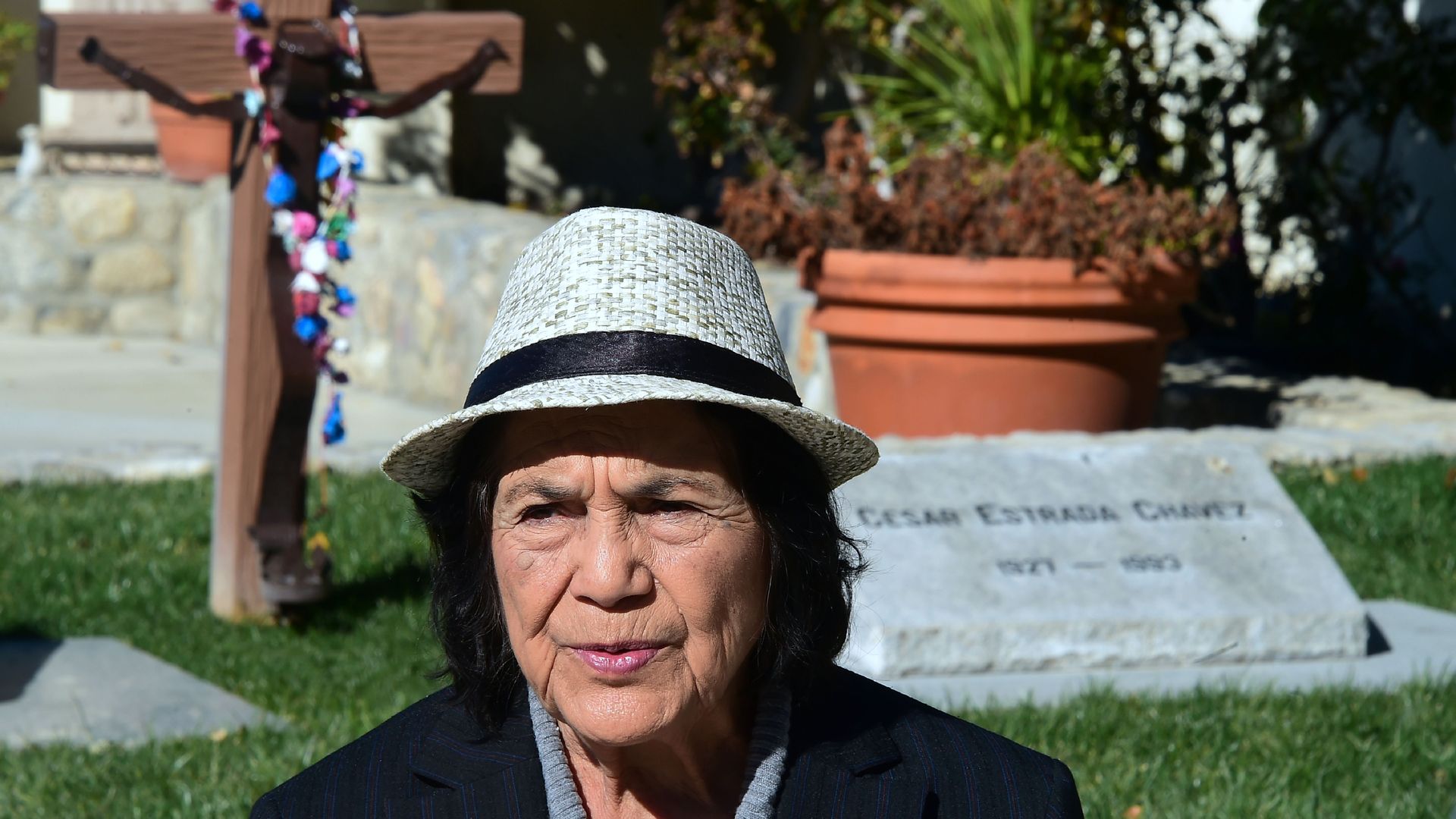 Civil rights activist Dolores Huerta visits the graves of Cesar and Helen Chavez at the César E. Chávez National Monument in Keene, California on January 31, 2017. 