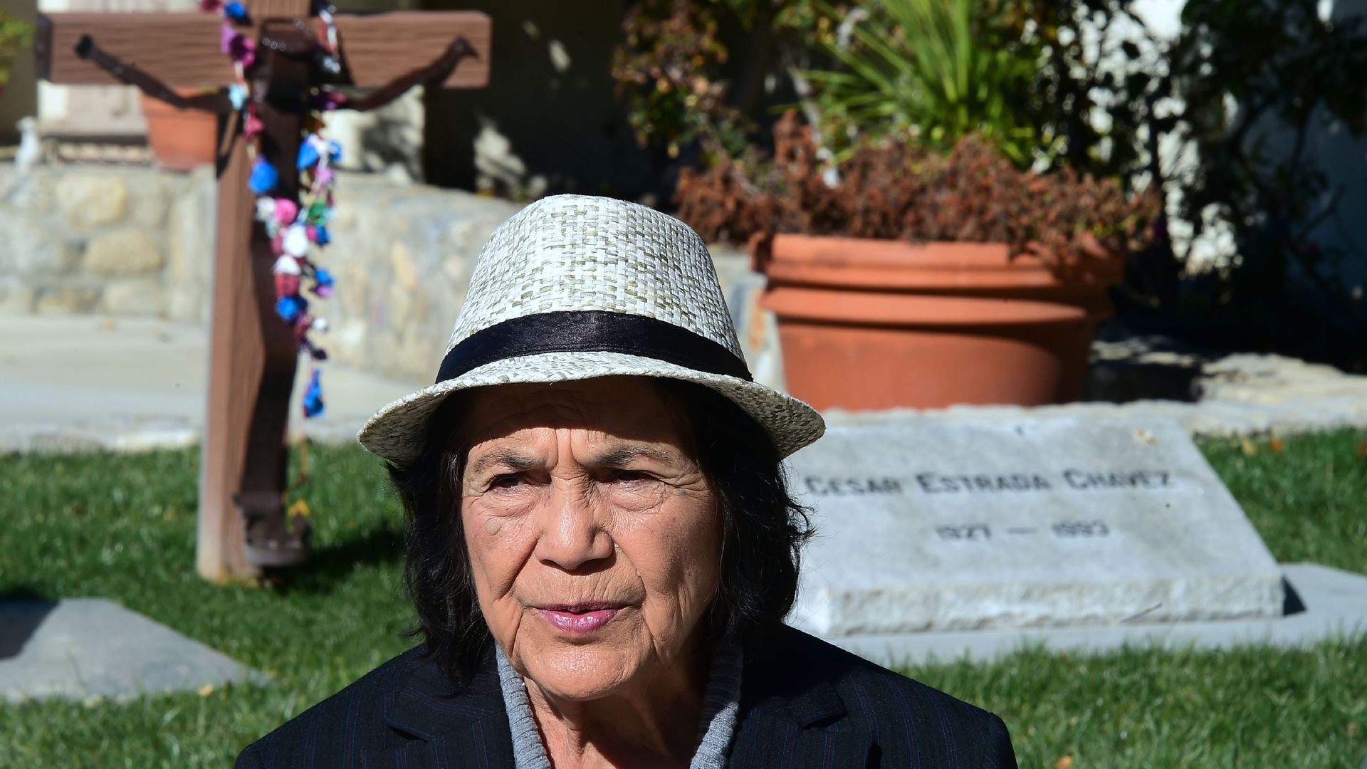 Civil rights activist Dolores Huerta visits the graves of Cesar and Helen Chavez at the César E. Chávez National Monument in Keene, California on January 31, 2017.