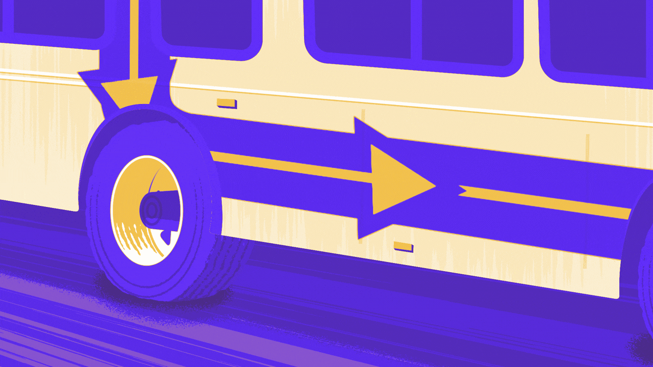 Animated illustration of a DART bus with the arrow design on the side moving forward.