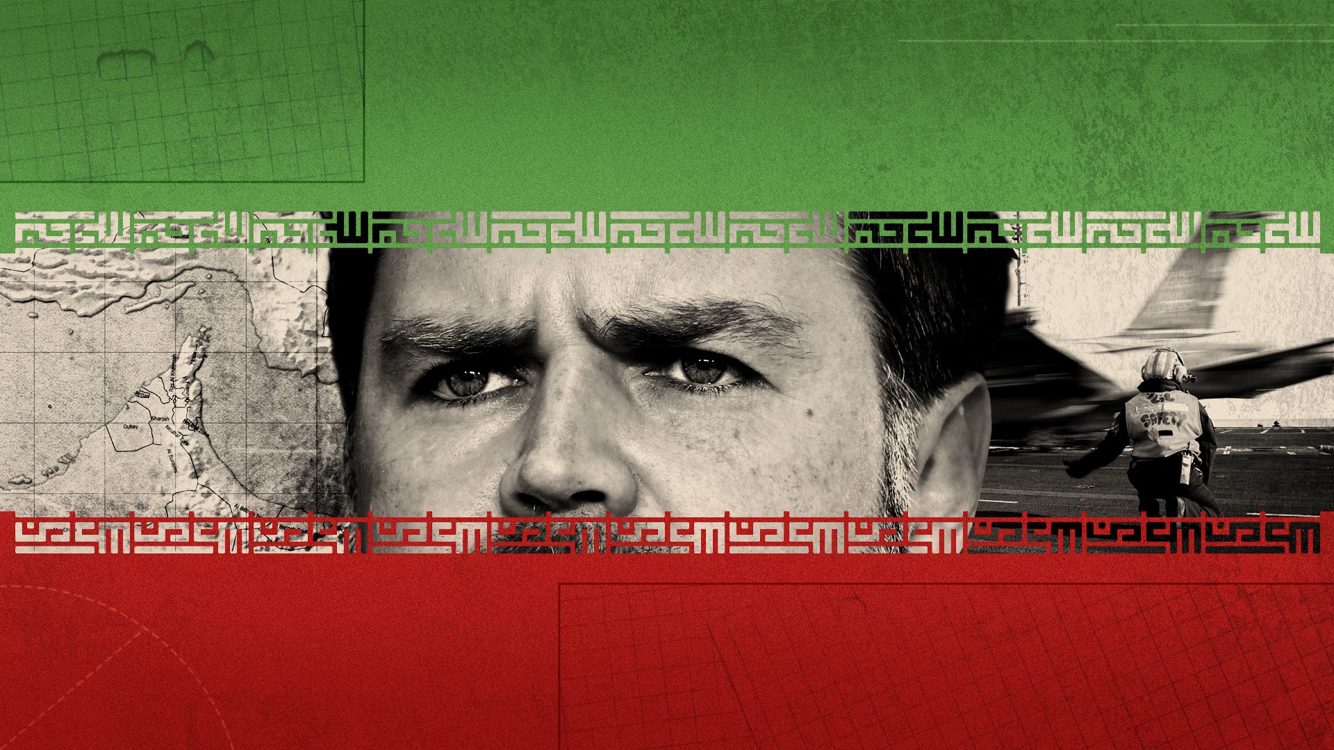 Photo illustration of Vice President JD Vance with images including a vintage map the Persian Gulf, a sailor signaling the launch of an F/A-18E Super Hornet aircraft, and the Iranian flag