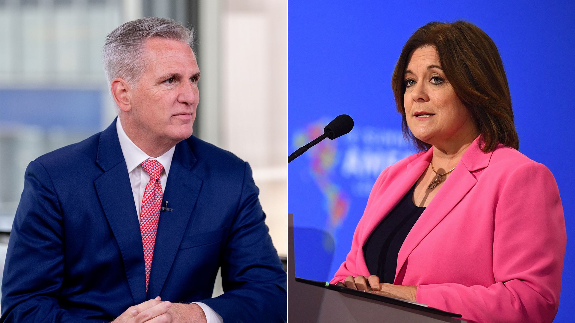 A man in a suit on the left; a women in a suit on the right