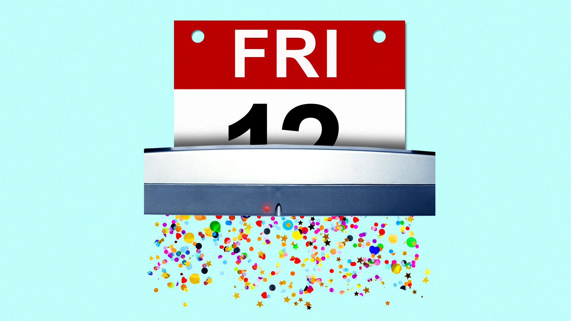 Illustration of a Friday page from a daily calendar being shredded into glitter and confetti.