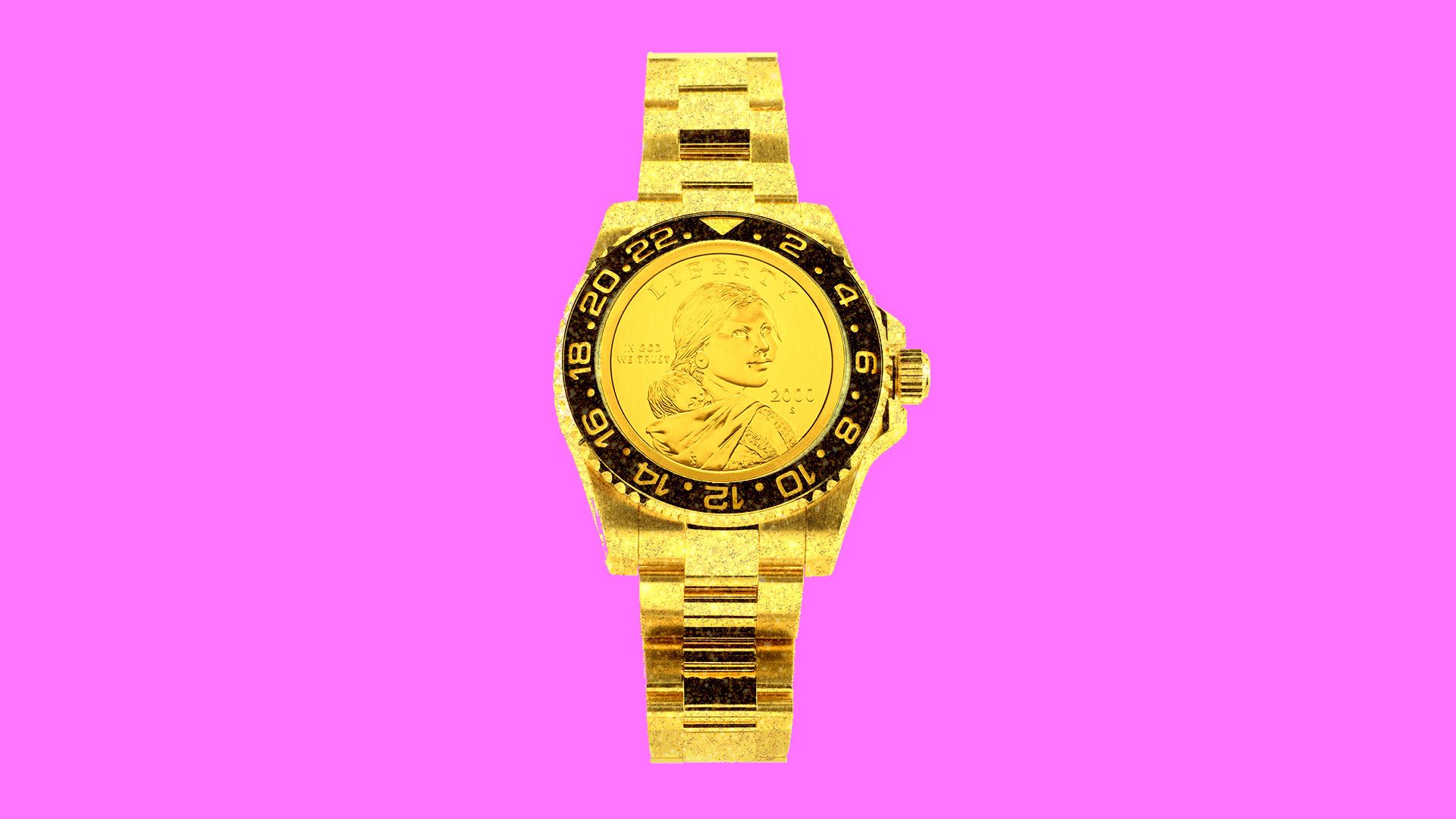 Illustration of a gold watch with a dollar coin as the face.