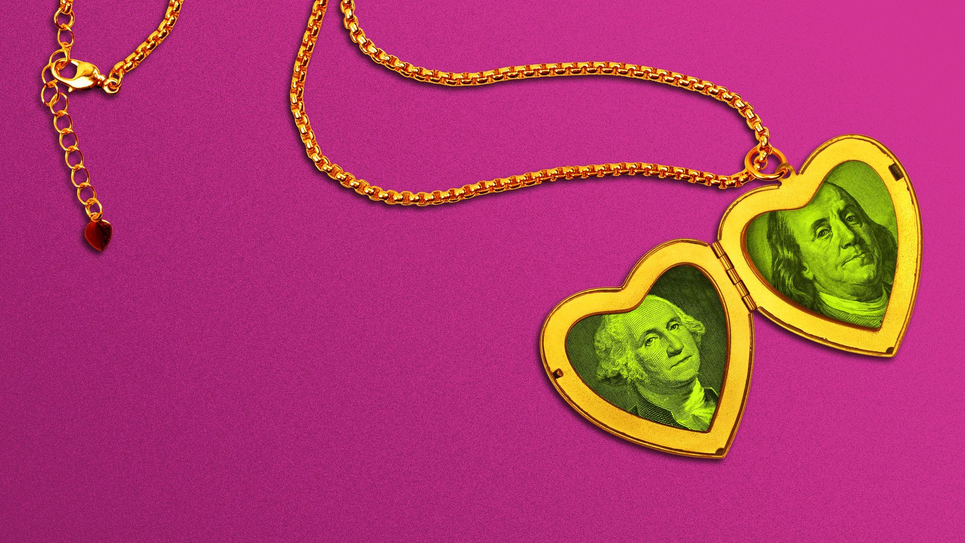 Illustration of an open heart locket with pictures of George Washington and Ben Franklin inside. 