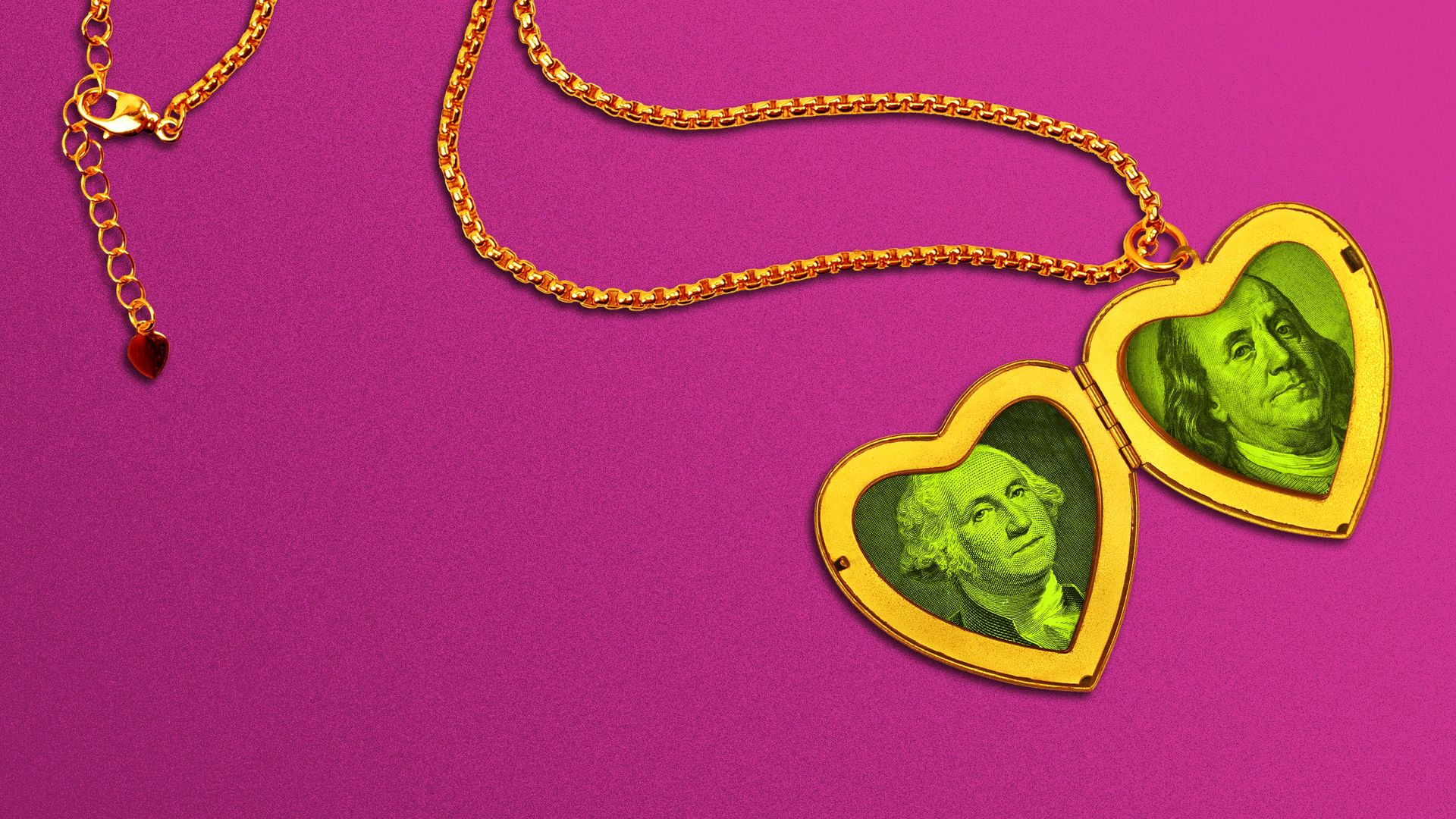 Illustration of an open heart locket with pictures of George Washington and Ben Franklin inside.