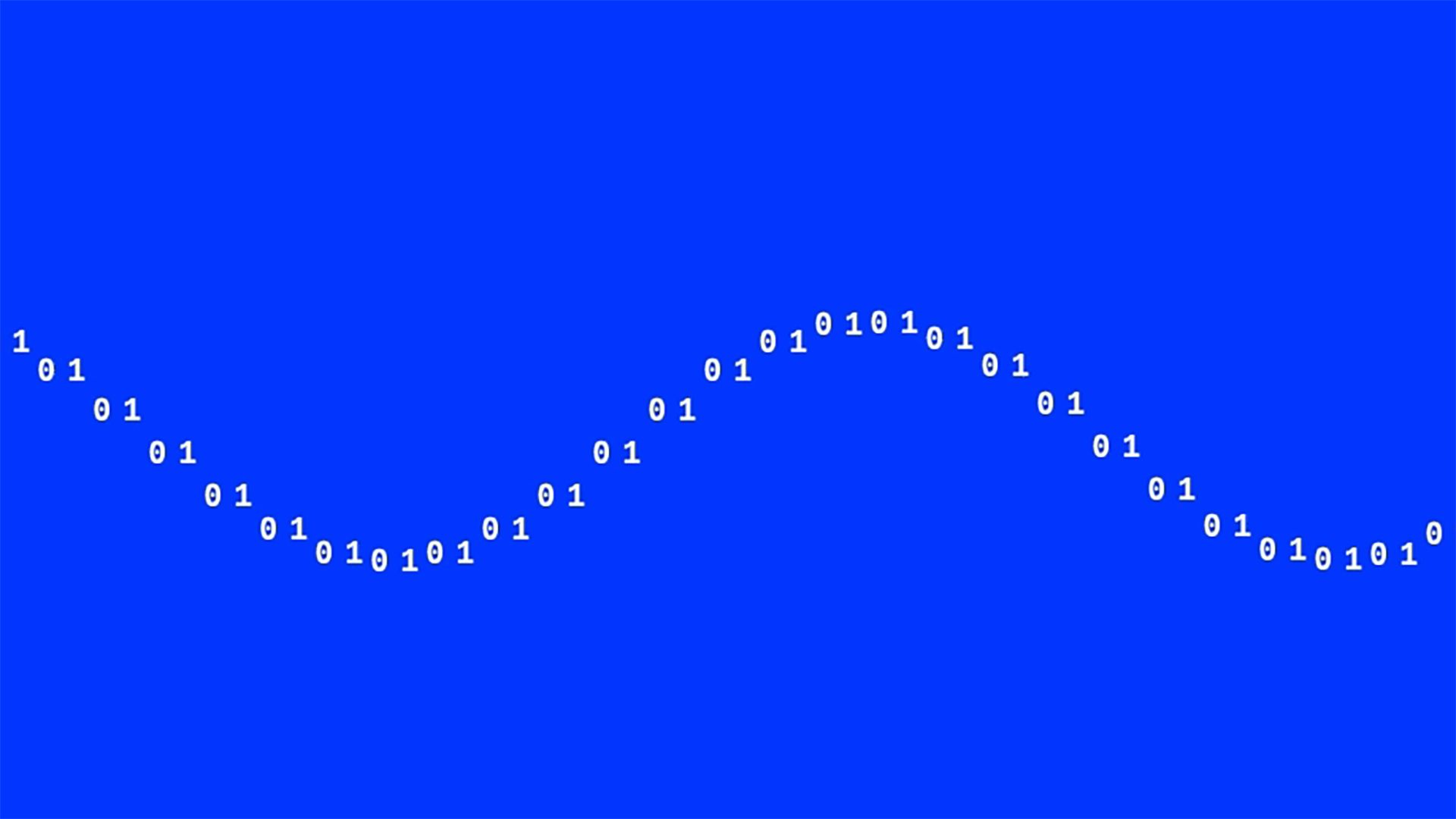 White binary digits (1s and 0s) arranged in a sinusoidal wave pattern on a solid bright blue background.