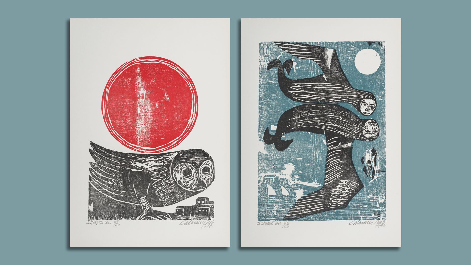 Two prints: the left shows a black owl with large eyes under a big red circle; the right shows two black birds with human faces flying against a blue background with a white moon. Both are art works by José Júlio Calasans Neto that have joined the collection at the San Antonio Museum of Art.