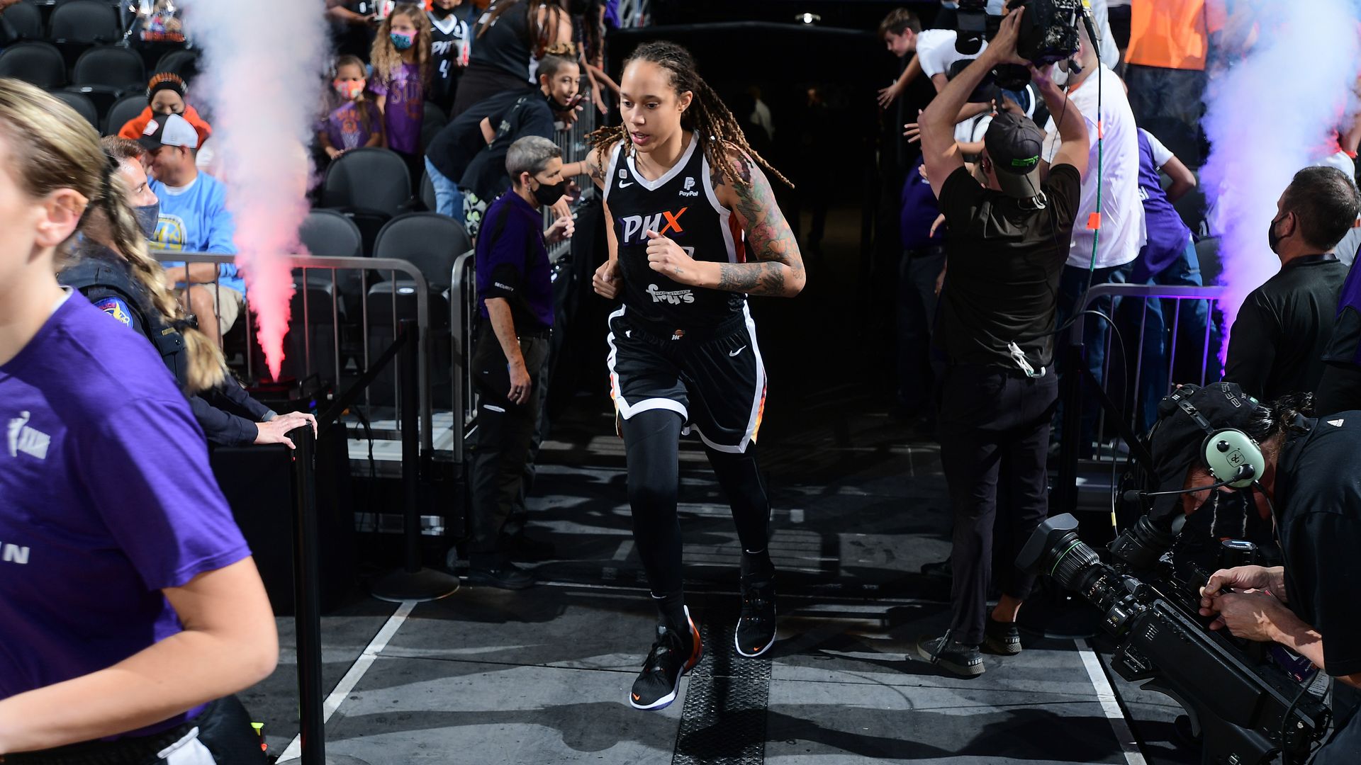 Brittney Griner #42 of the Phoenix Mercury runs out of the tunnel before Game Two of the 2021 WNBA Finals against the Chicago Sky on October 13, 2021 at Footprint Center in Phoenix, Arizona.
