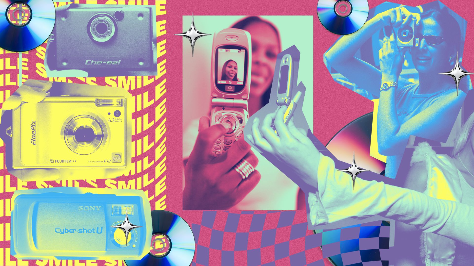 Photo illustrated collage of different digital cameras from the 2000s done in a bright and pop-art style. 