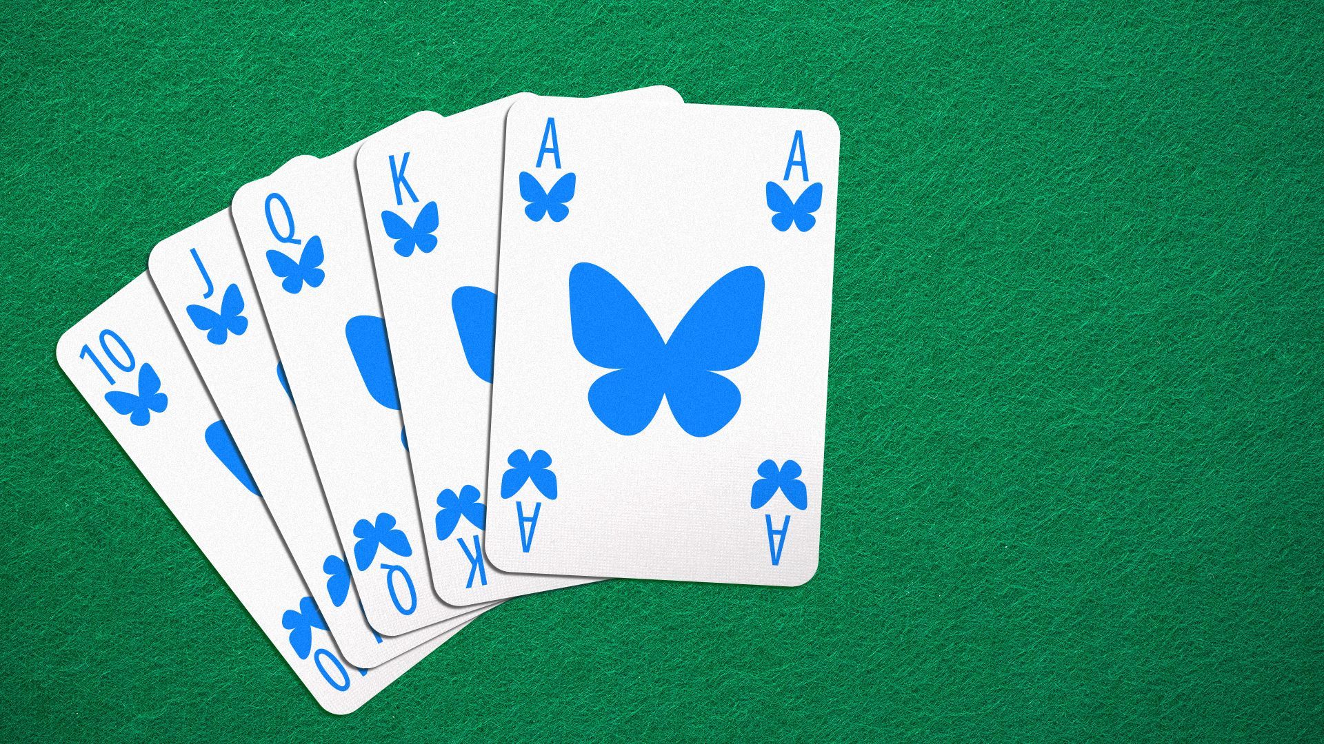 Illustration of BlueSky-themed poker cards arranged in a royal flush.